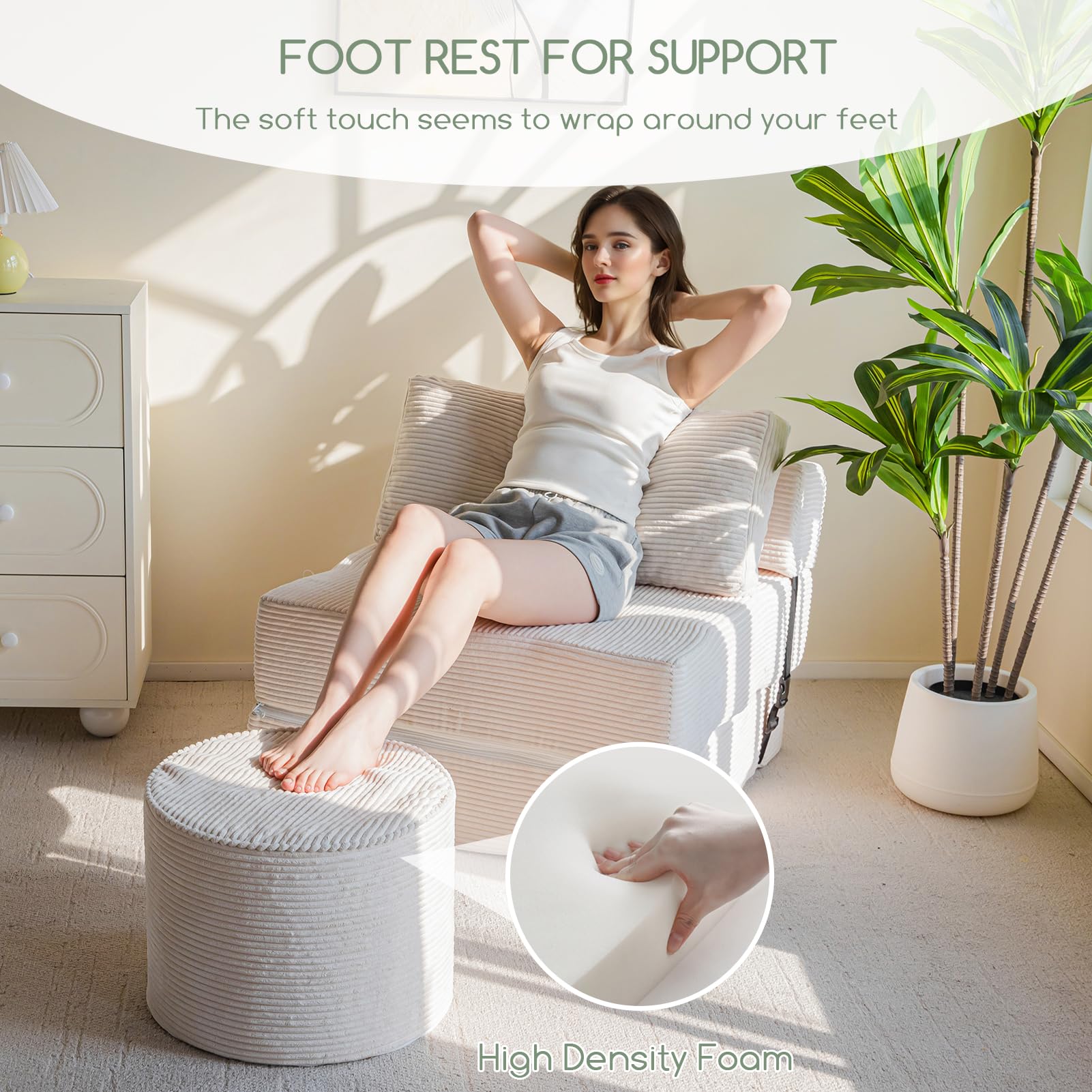 MAXYOYO Round Corduroy Footstool Ottoman - Soft Beige Pouf with High-Density Foam Filling for Living Room, Bedroom & Nursery - Versatile Seating, Footrest & Decorative Accent