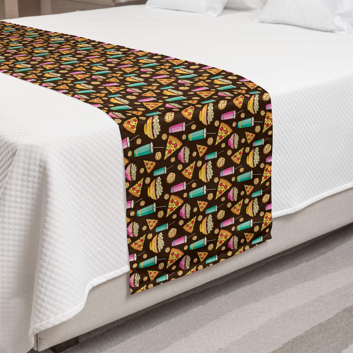 Ambesonne Fast Food Pattern Bed Runner - Cartoonish Pizza, Cookies, Popcorn & Drinks Design - Decorative Accent Scarf for Bed, Sofa or Table - Perfect for Home, Hotel & Guest Room Decor - Dark Brown Multicolor - Ideal for Themed Parties, Movie Nights & Fun Dining Areas