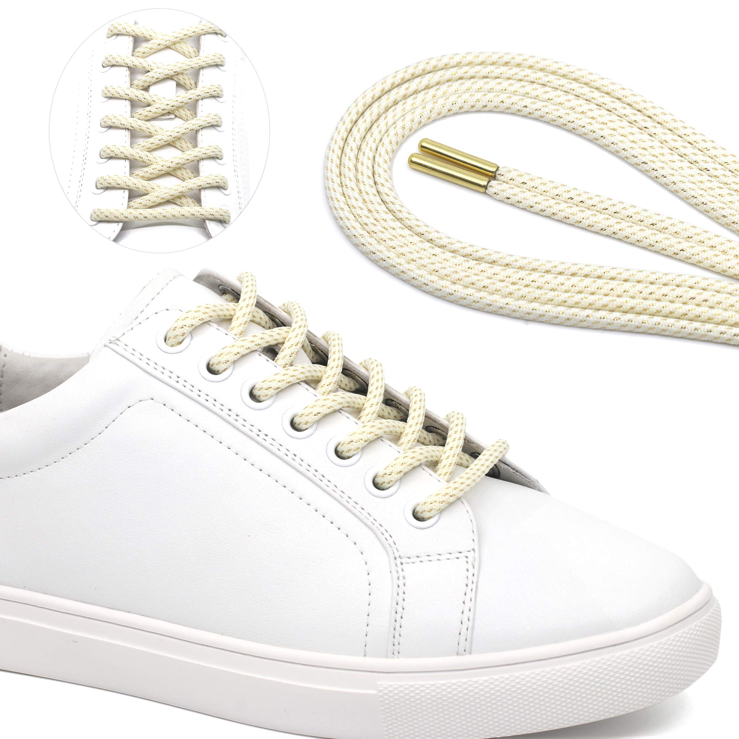 Premium Metallic Gold Silk Shoelaces for Basketball Shoes - Round Braided Laces with Metal Tips - Durable & Stylish for Sports & Fashion Sneakers