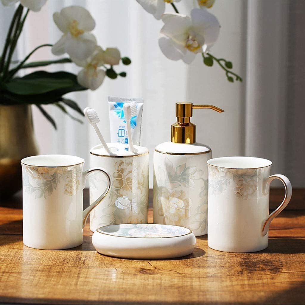 Premium 5-Piece Ceramic Bathroom Set - Modern Soap Dispenser, Toothbrush Holder, Rinse Cup & Soap Dish | Elegant Hotel-Style Decor for Home, Spa & Guest Bathrooms