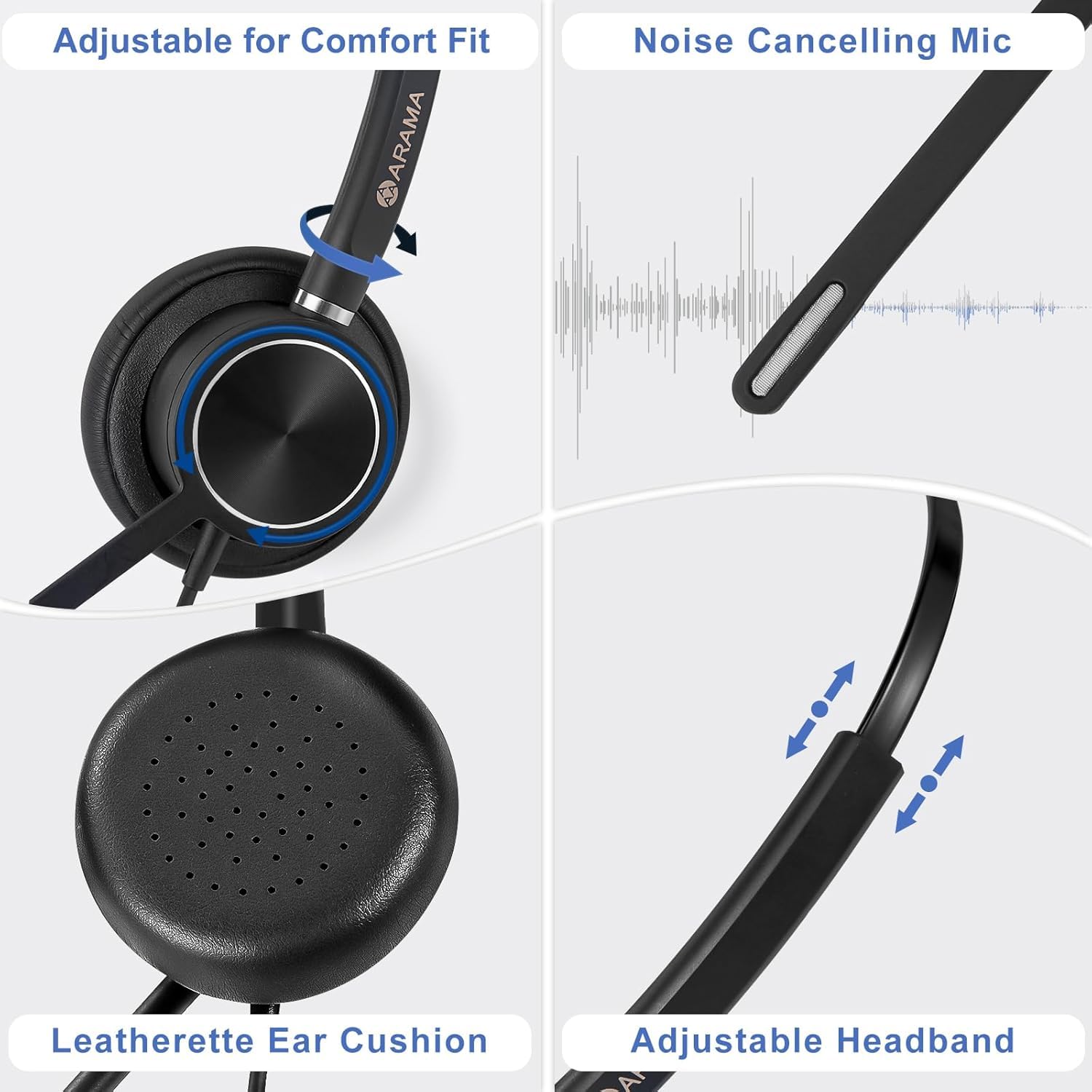 ARAMA USB Headset with Noise Cancelling Microphone for PC, Laptop - Wired Mono Computer Headphones with In-Line Volume Control - Ideal for Home Office, Call Centers, Online Classes, Zoom & Skype Meetings