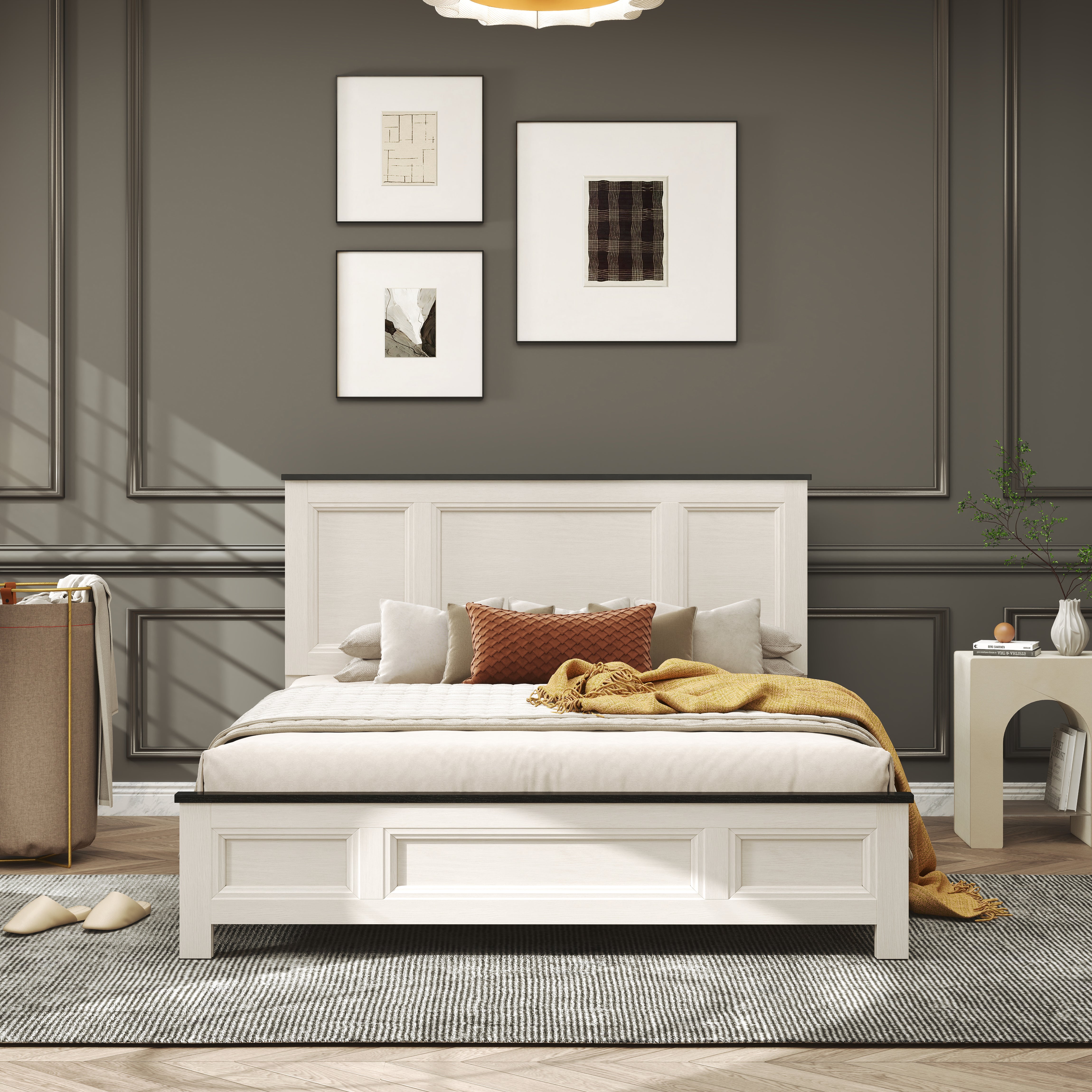 Roundhill Furniture Realynn Panel Bed - Queen Size Off White Finish for Modern Bedroom Decor | Stylish and Durable Bed Frame for Home & Guest Room