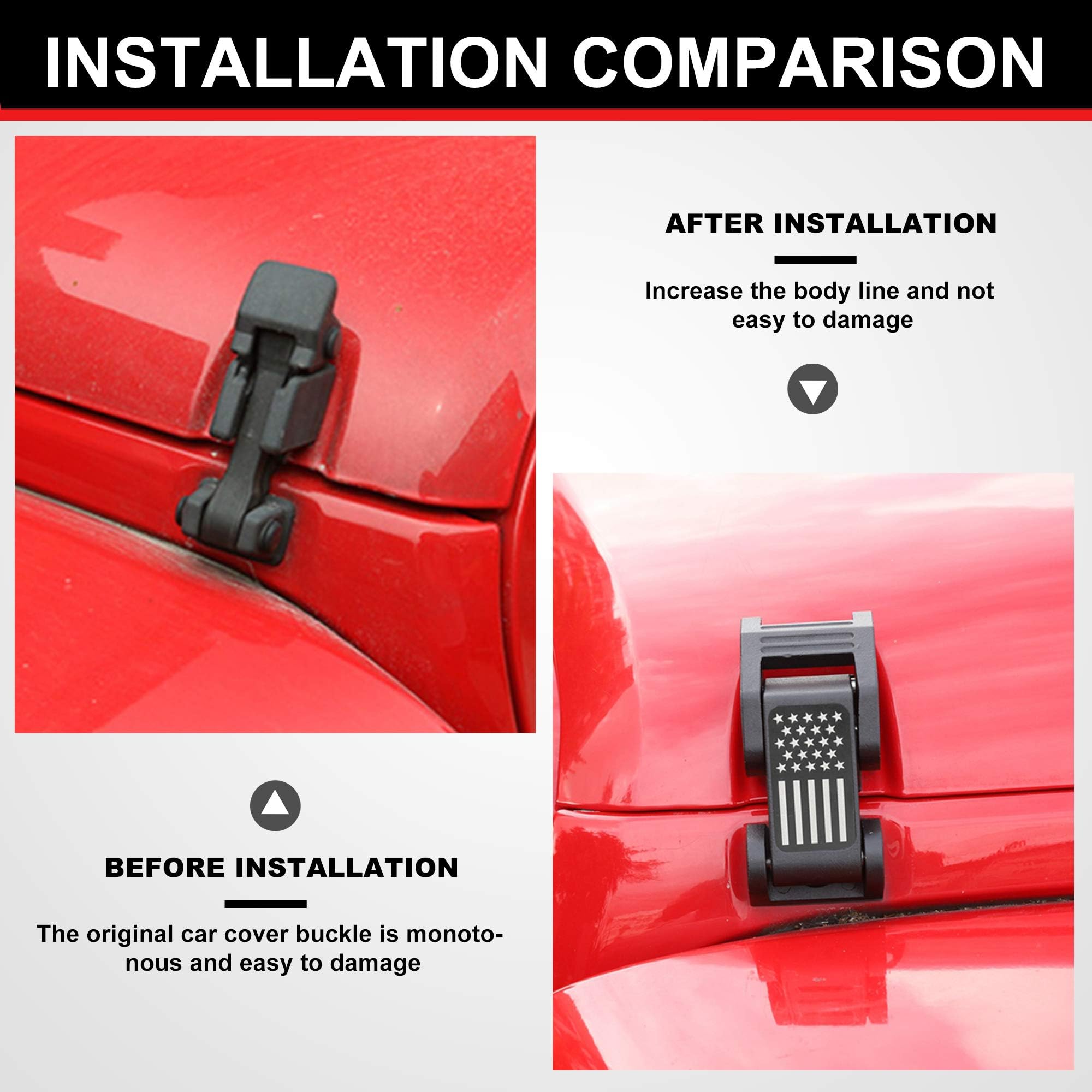 ASLONG 2PCS Aluminum Hood Latches with US Flag Design - Compatible with Jeep Wrangler JK/JKU (2007-2018) & JL/JLU/Gladiator JT (2018-2021) - Durable Hood Catch Kit for Off-Roading, Car Shows & Jeep Customization