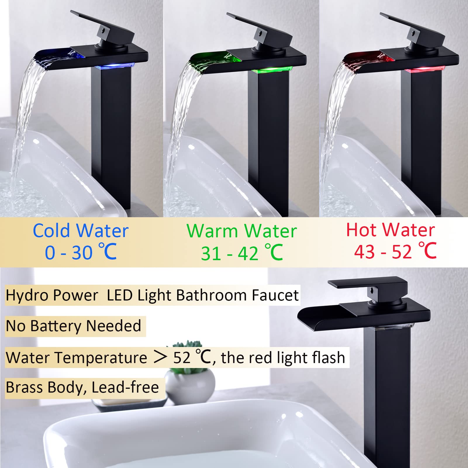 Ximlike Black LED Waterfall Bathroom Vessel Faucet - Single Handle Tall Brass Sink Faucet with Water Supply Hoses | Modern Bathroom Vanity & Vessel Sink Upgrade for Home & Hotel