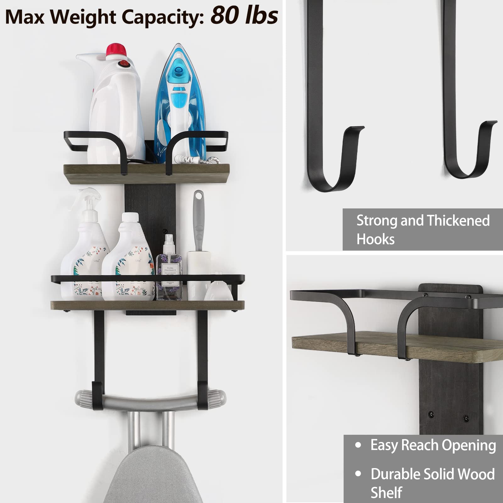 VINAEMO Wall Mount Ironing Board Hanger - 2-Tier Iron & Board Holder with Removable Hooks - Solid Wood Laundry Room Shelf for Home Organization - Perfect for Small Spaces & Closet Storage