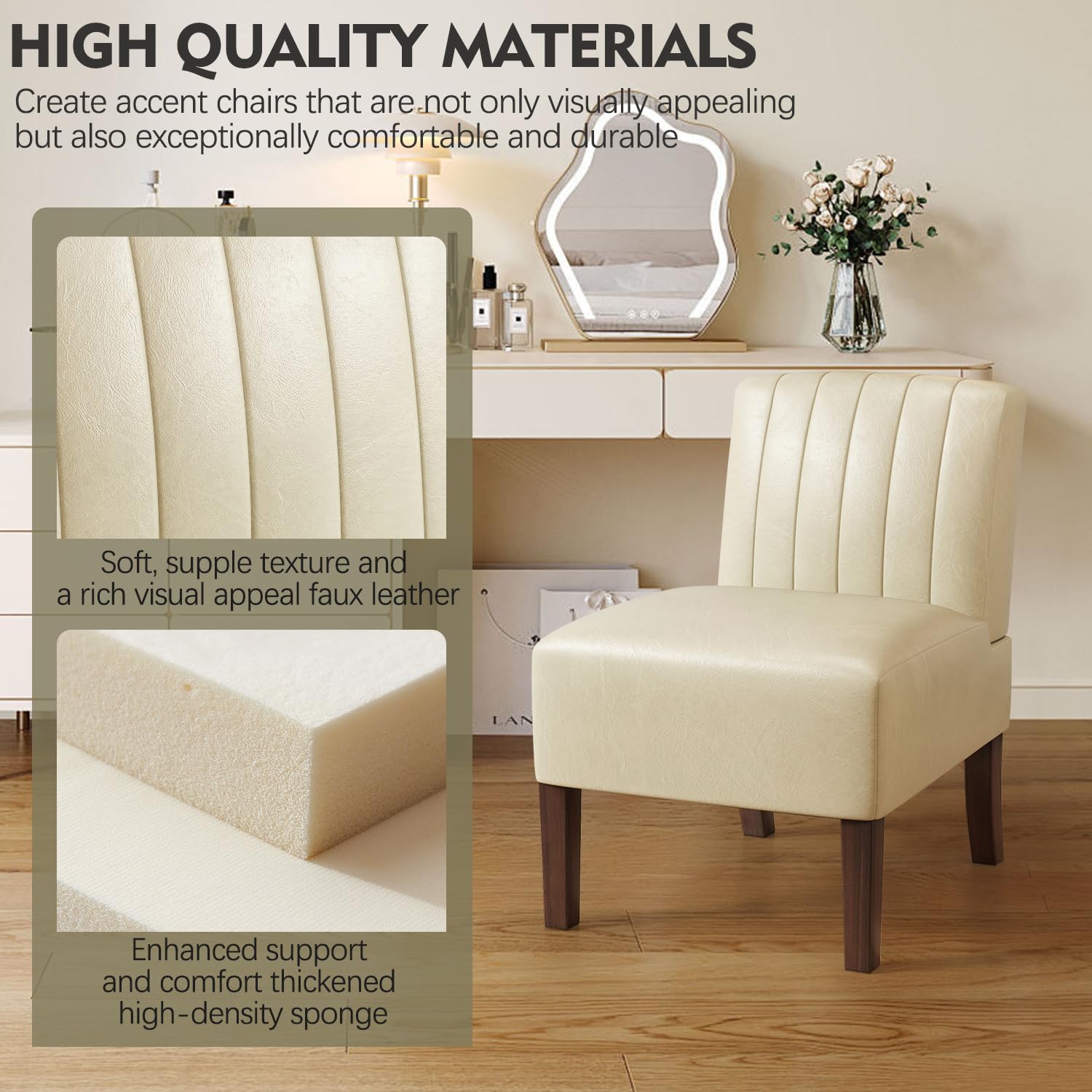 2 Pack Armless Accent Chairs - Upholstered Dining & Living Room Chairs with Solid Wood Legs, Beige Leather Reading Chairs for Bedroom, Vanity & Kitchen - Perfect for Small Spaces, Home Office & Cozy Corners