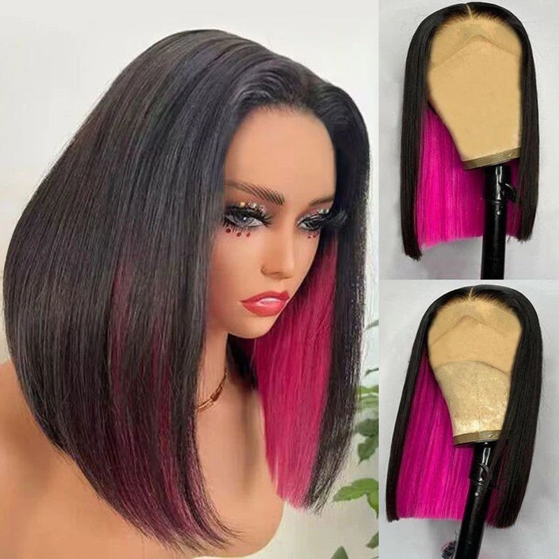 Eullair Peakaboo Highlights Colored Short Bob Wig - Inner Red/Pink/Blue/Green/Blonde Straight Human Hair Lace Frontal Wig for Cosplay, Halloween, Costume Parties & Daily Fashion