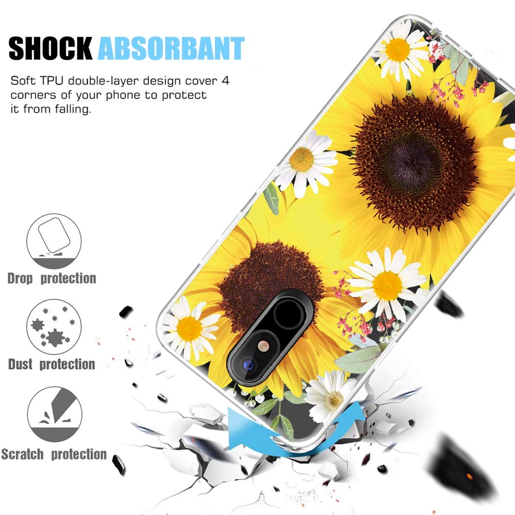 Shockproof Clear TPU Phone Case for LG K40 / K12 Plus / X4 2019 / Solo LTE / Harmony 3 / Xpression Plus 2 - Soft Protective Transparent Cover for Women & Girls (Sunflower Design) - Perfect for Everyday Use, Work, and Travel Protection