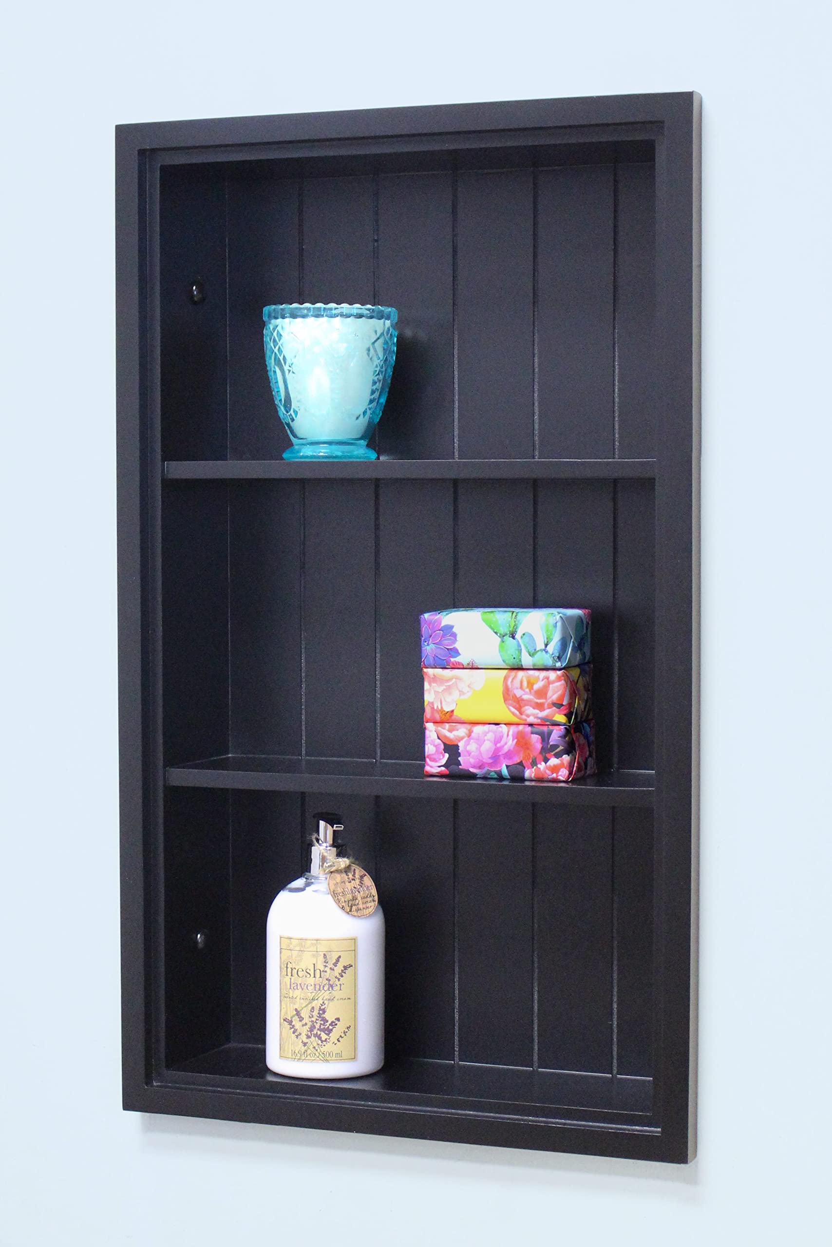Fox Hollow Furnishings 14x24 Inch Recessed Wall Niche Medicine Cabinet - Solid Wood Bathroom Storage Shelf with Black Beadboard Back (Made in USA) - Perfect for Small Bathrooms, Vanity Organizers & Modern Home Decor