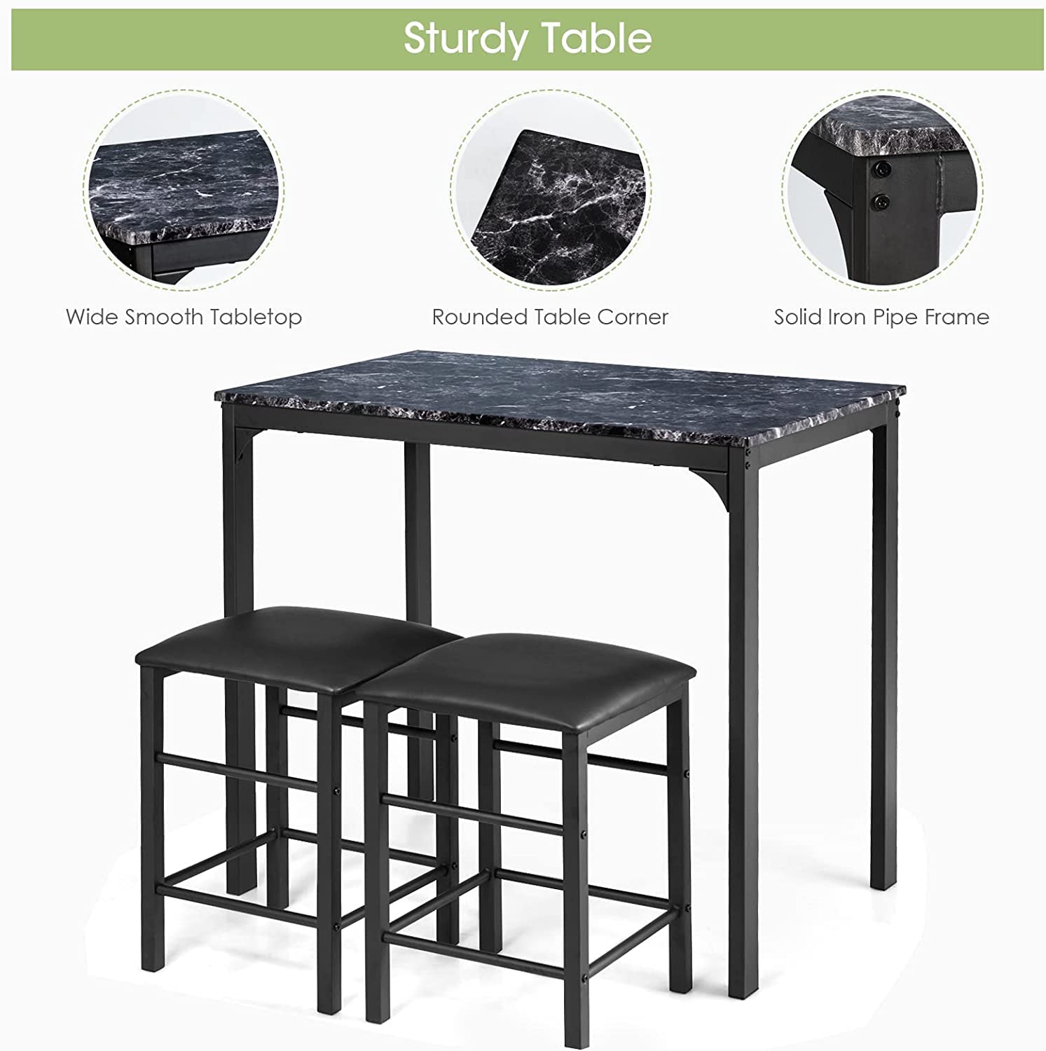 LUARANE 3-Piece Modern Bar Table Set with 2 PU Leather Bar Stools - Counter Height Pub Dining Set for Kitchen, Living Room & Restaurant (Black) | Perfect for Small Spaces, Entertaining & Casual Dining