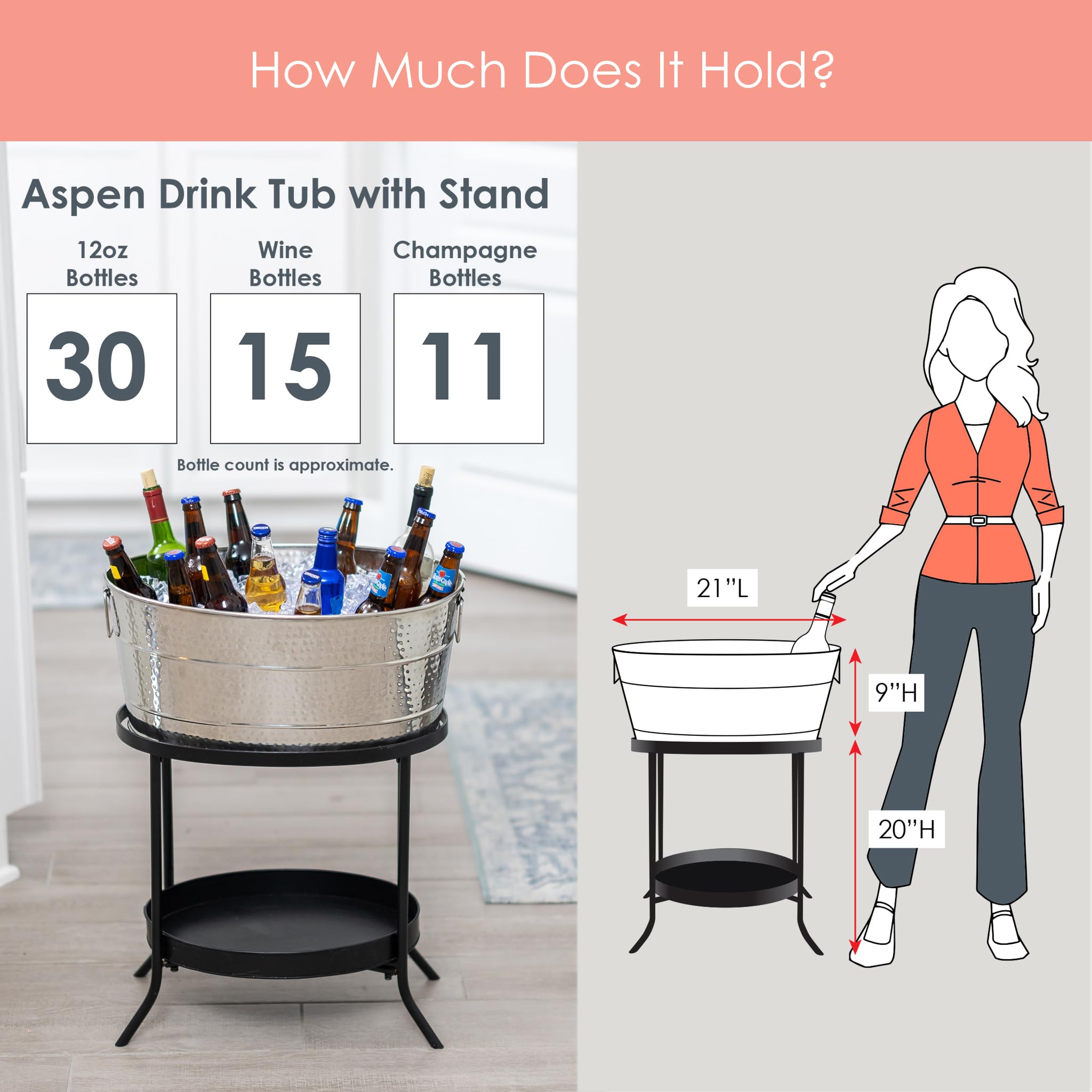 BREKX Aspen Stainless Steel Beverage Cooler Tub with Stand - Large Party Drink Ice Bucket with Bottom Tray Storage - Perfect for Outdoor BBQ, Wedding Receptions & Holiday Gatherings