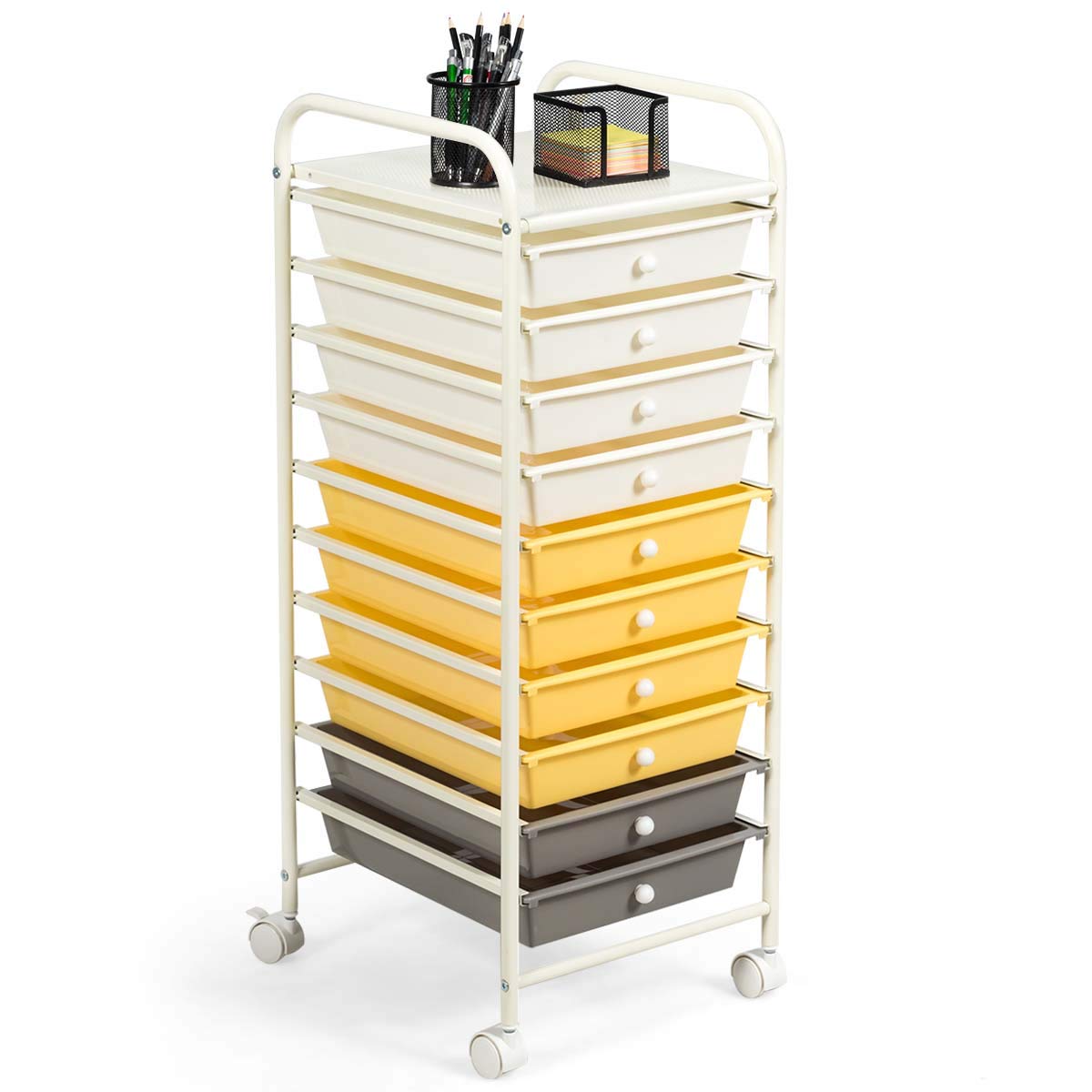 RELAX4LIFE 10-Drawer Rolling Cart with Lockable Wheels - Slim Mobile Storage Organizer for Classroom, Office, Craft Room - Perfect for Art Supplies, Paper, Scrapbooking & School Materials (Yellow) | Ideal for Teachers, Students & Home Organization