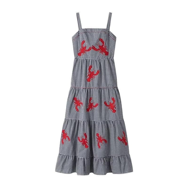 XPONNI Women's Gingham Print Lobster Summer Maxi Dress 2024 - Flowy Ruffle Linen Sundress for Beach, Vacation & Casual Wear