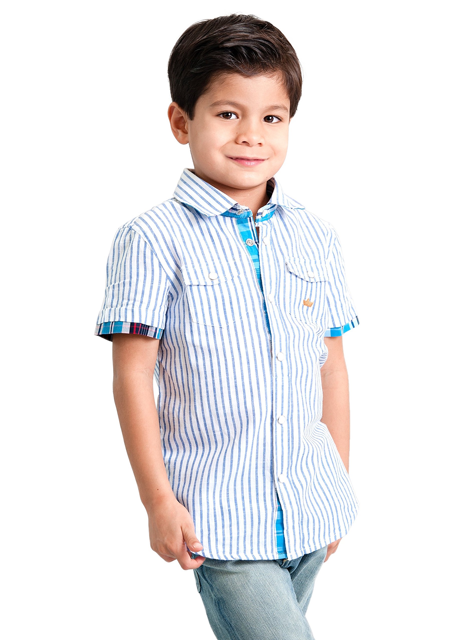 Boys' Linen Blend Dress Shirt - Short Sleeve Blue Striped Casual Top for School, Parties & Summer Outfits