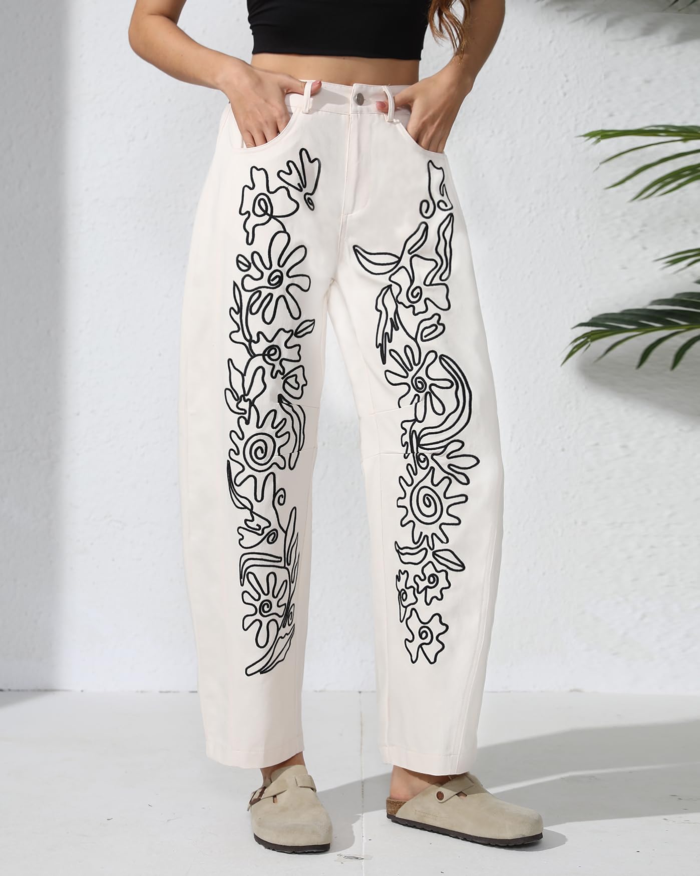 Kedera Embroidered Baggy Boyfriend Jeans for Women - Vintage High Waisted Barrel Leg Horseshoe Denim Pants | Casual Streetwear, Retro Fashion, Everyday Wear