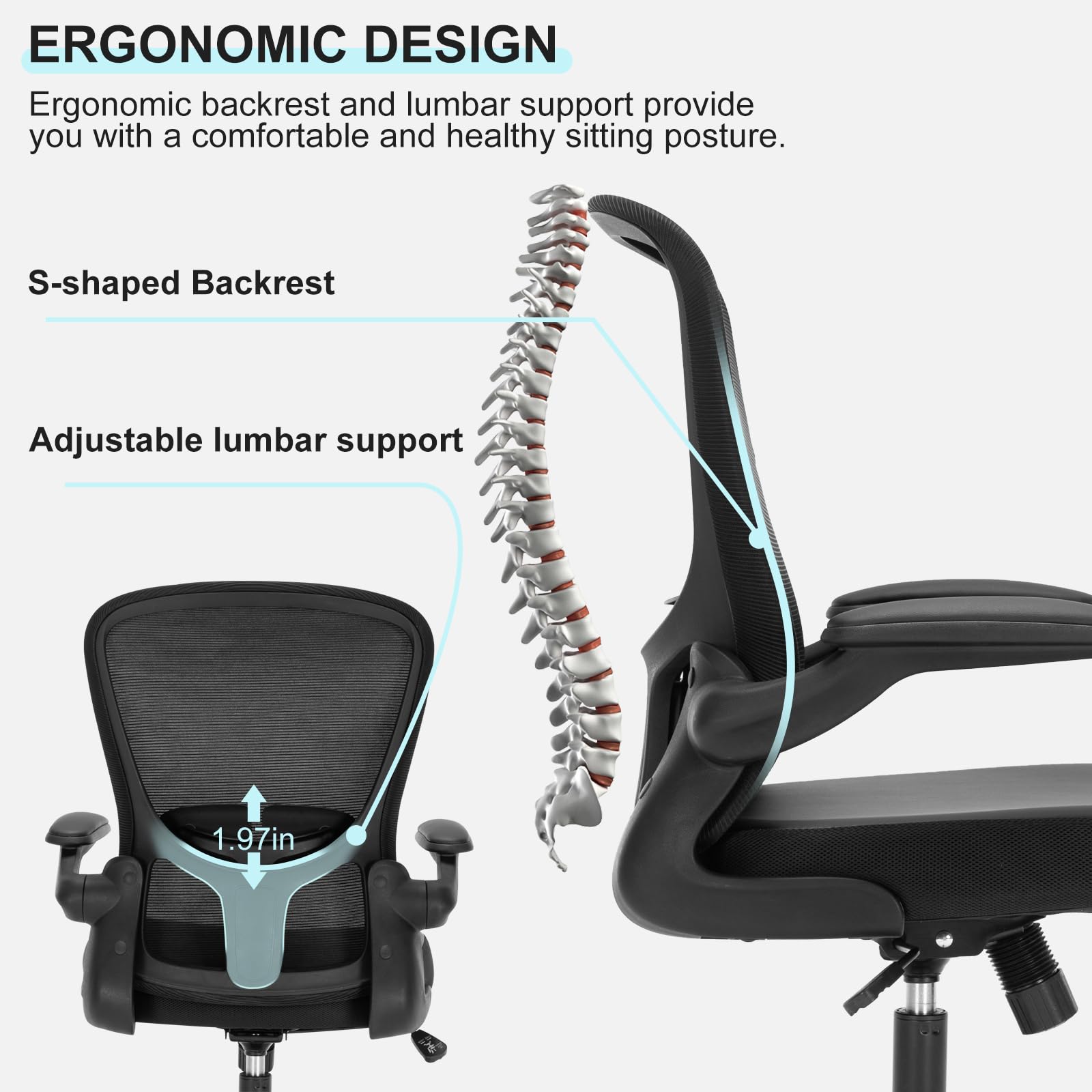 Ergonomic Office Chair with Flip-Up Armrests & Lumbar Support - PU Leather Executive Desk Chair, Mesh Back Swivel Task Chair for Home Office - Black (Perfect for Long Work Hours & Gaming)