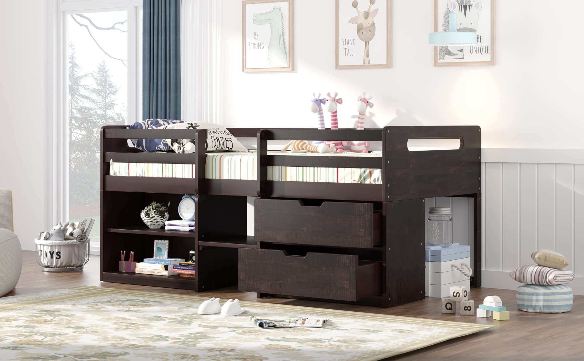 Twin Size Wood Low Loft Bed with Shelves, Drawers & Safety Guard Rails - Sturdy Wooden Loft Bed Frame for Bedroom, Dorm & Small Spaces - No Box Spring Needed (Antique Espresso) - Perfect for Kids Rooms, College Dorms & Space-Saving Bedroom Solutions