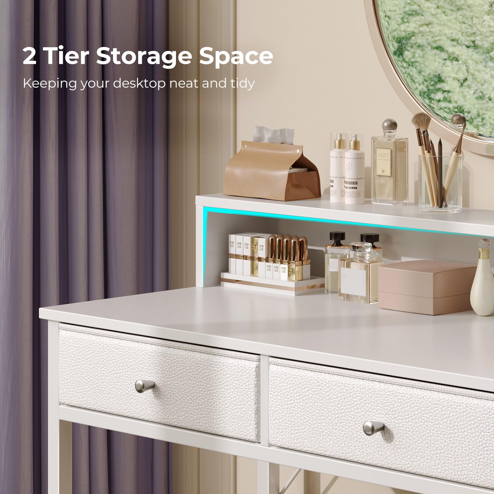 Modern White Vanity Desk Without Mirror - Makeup Vanity with Storage Drawers & USB Charging Station, Compact Bedroom Desk with Home Office Function for Small Spaces | Perfect for Makeup Organization, Remote Work & Space-Saving Bedroom Decor