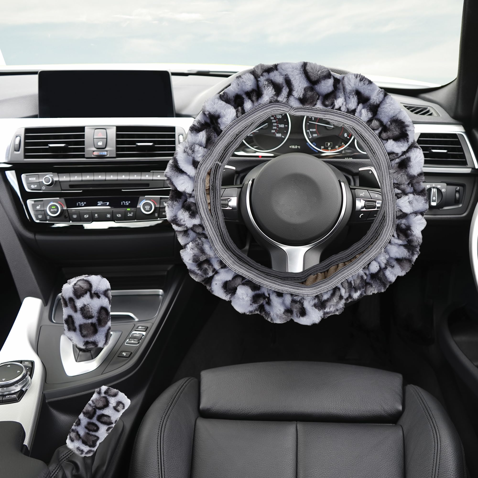 X AUTOHAUX Universal Elastic Leopard Print Fluffy Steering Wheel Cover & Handbrake Gear Shift Cover Set (Gray) - Soft Grip for Winter Driving & Car Interior Protection