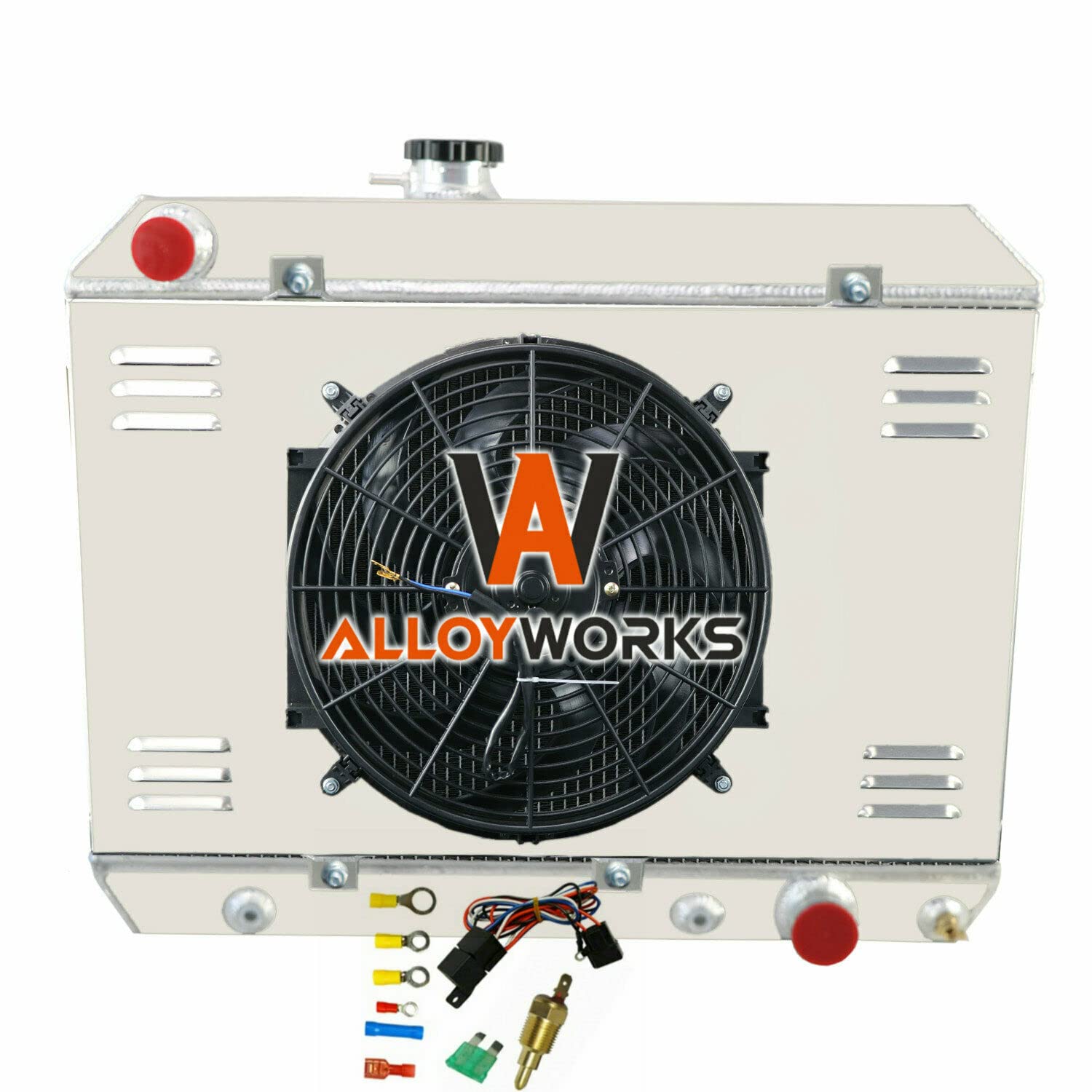 AlloyWorks 4-Row Full Aluminum Radiator with Shroud Fan & Relay Kit - Compatible with Pontiac LeMans, Tempest, GTO 5.3L V8 (1964-1967) - High-Performance Cooling Upgrade for Classic Muscle Cars & Hot Rods