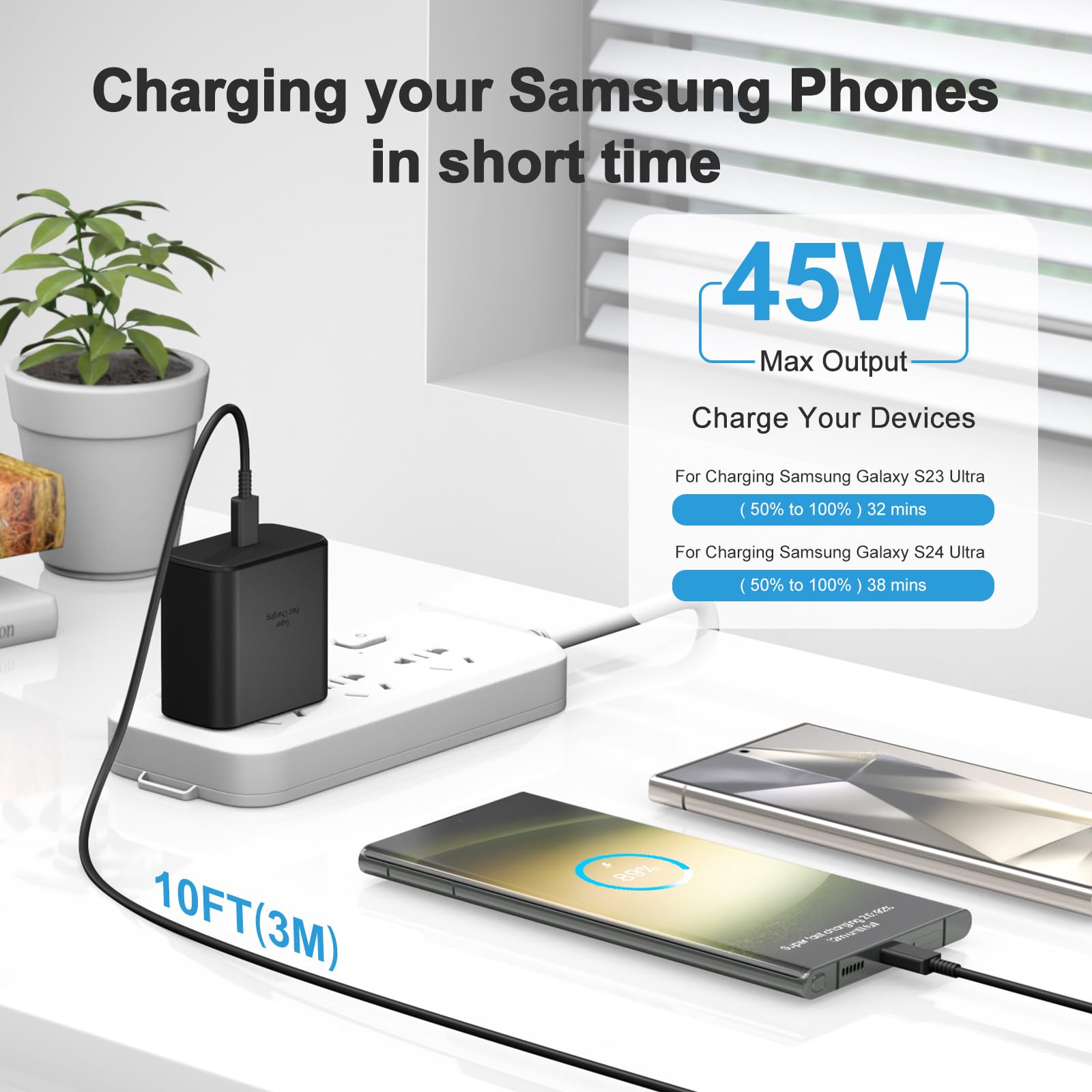 45W Super Fast USB C Wall Charger with 10FT Cable (2-Pack) - PD 3.0 Quick Charge for Samsung Galaxy S25/S24/S23/S22/S21/S20/S10/S8/Note 20 Series - Perfect for Home, Office & Travel Charging