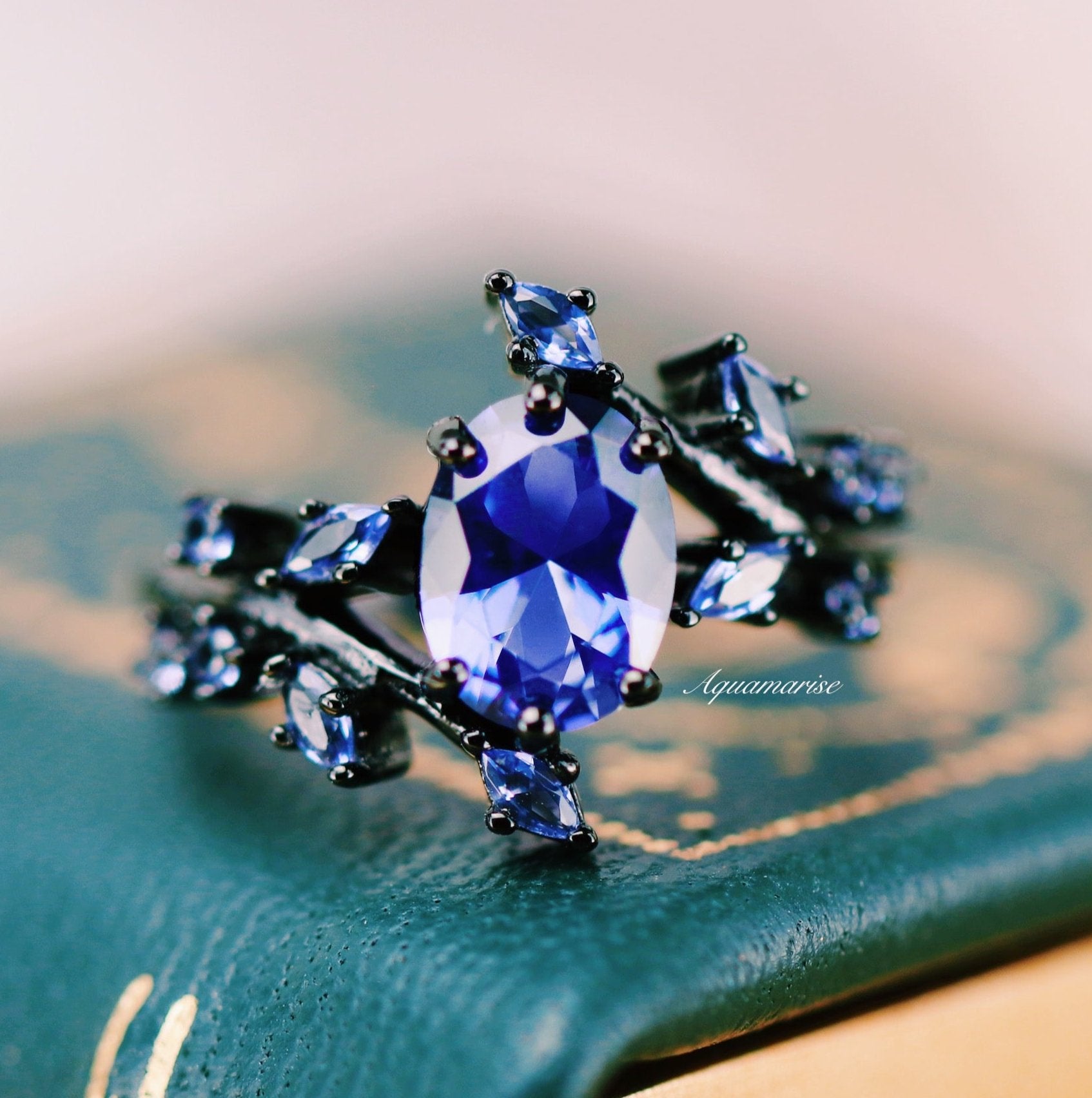 Cornflower Blue Sapphire Leaf Engagement Ring - Black Rhodium Filled Sterling Silver - Perfect for Wedding, Proposal & Anniversary Gifts