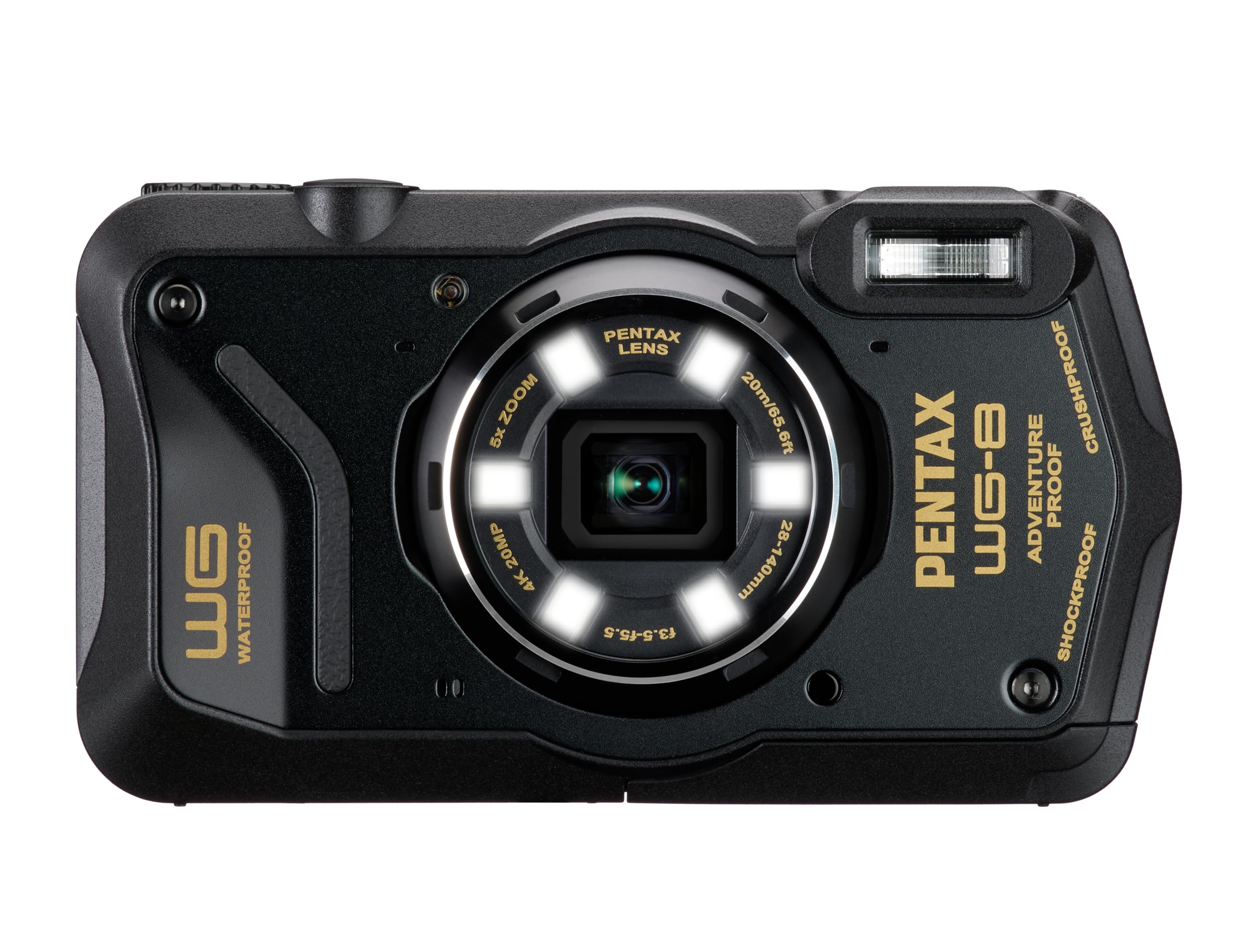 **PENTAX WG-8 Black Waterproof Digital Camera - Shockproof, Dustproof, 4K Video, Macro Ring Light, Webcam Function for Outdoor Adventures, Travel & Vlogging**    *(Optimized for SEO, includes key features and usage scenarios like outdoor adventures, travel, and vlogging.)*
