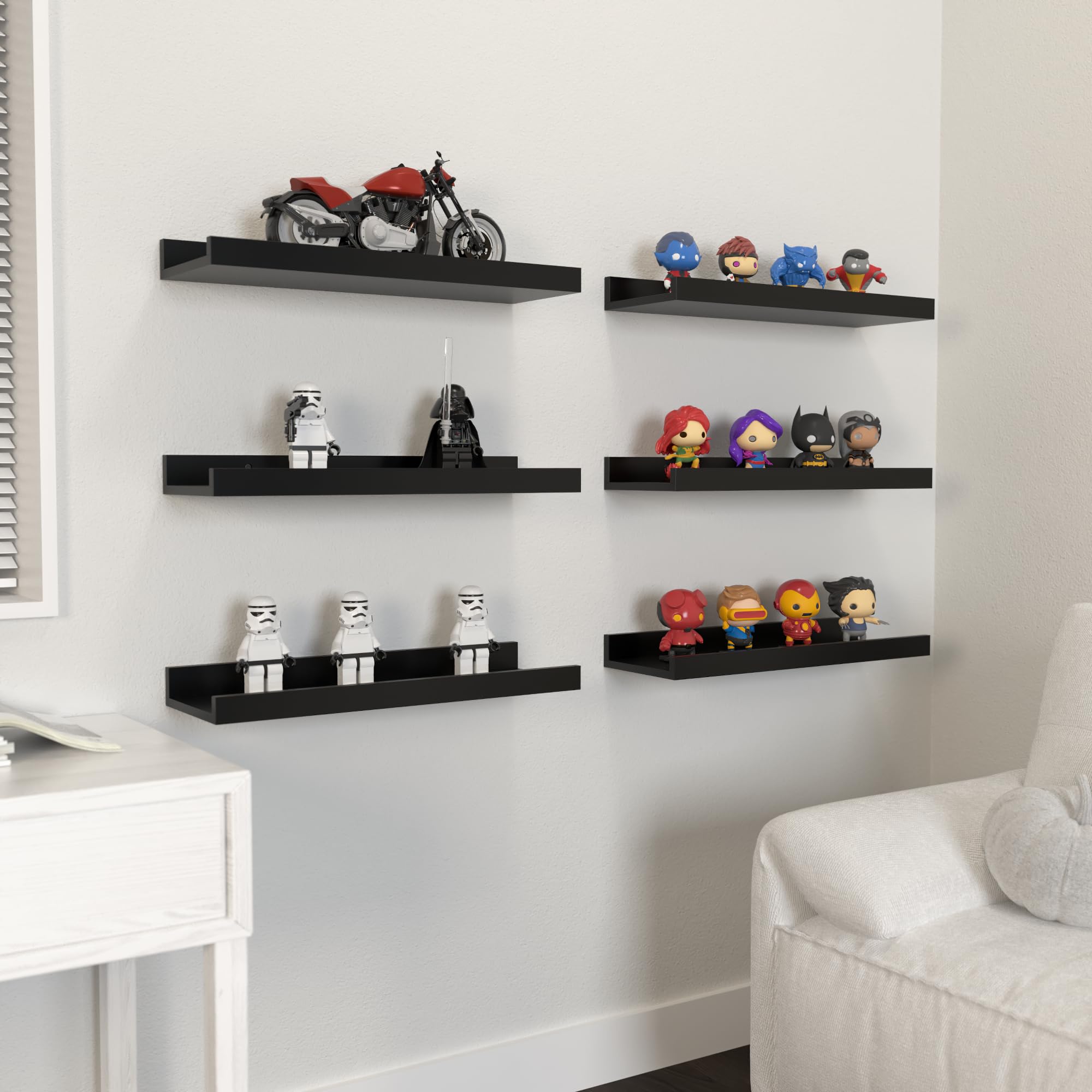 6-Pack Black Floating Shelves with Lip - Modern Wall Shelves for Living Room, Bedroom, Bathroom - Perfect for Displaying Pictures, Books, Plants & Home Decor - Sturdy Wall Mounted Shelving Solution