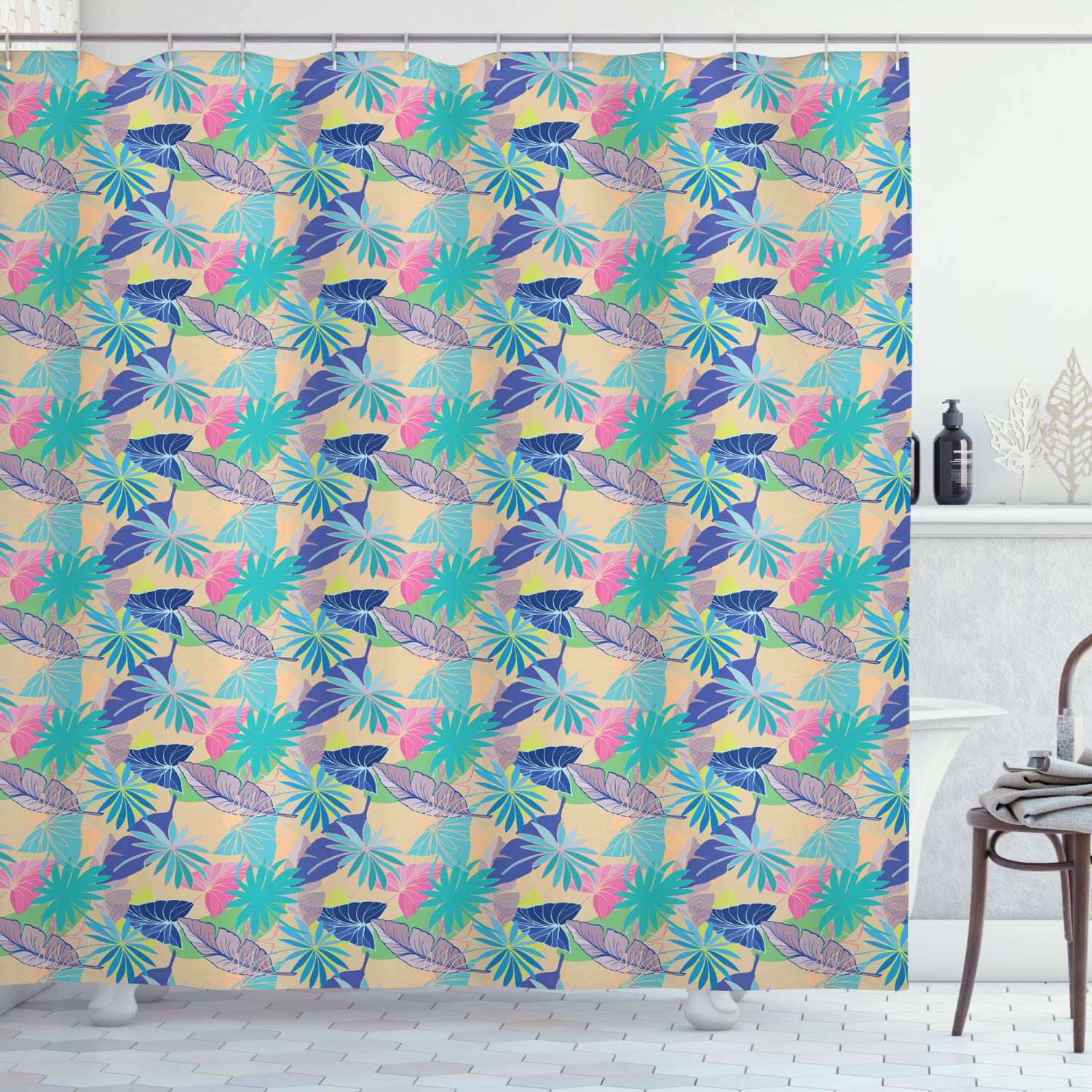 Ambesonne Tropical Shower Curtain - Colorful Hawaiian Flora & Exotic Foliage Leaves Bathroom Decor, 69x75 Inch Fabric Set with Hooks | Perfect for Beach House, Tropical Bathroom Theme & Summer Home Decor