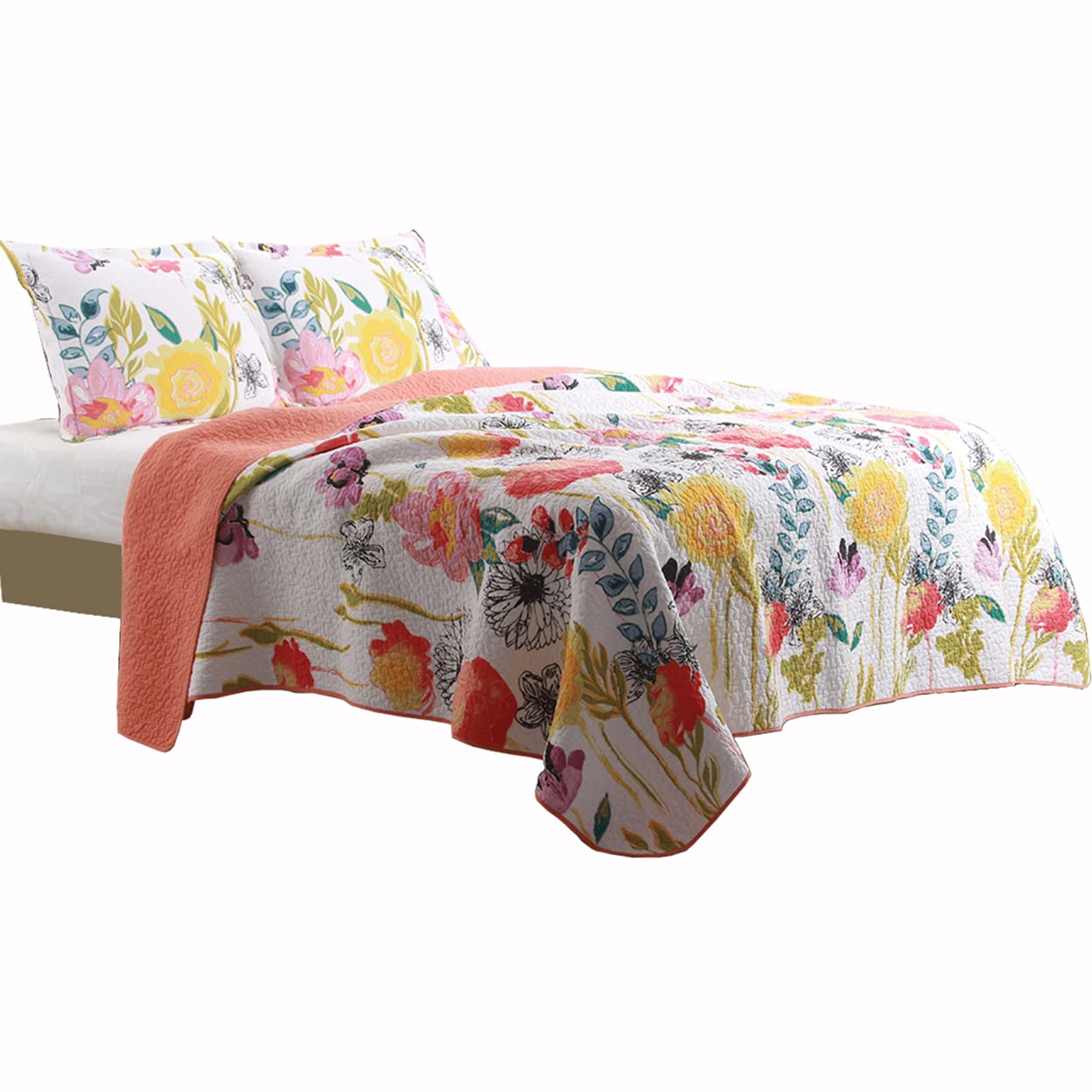 Benjara 3-Piece Cotton Full/Queen Size Quilt Set - Floral Stencil Print Bedding | Soft Breathable Comforter Cover for Bedroom Decor, Guest Room & Dorm Essentials