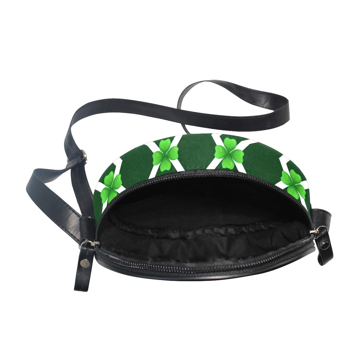 Stylish Green Shamrock Diamond Canvas Crossbody Bag for Women - Round Shoulder Purse with Black Background, Perfect for Beach Outings & Casual Daily Use