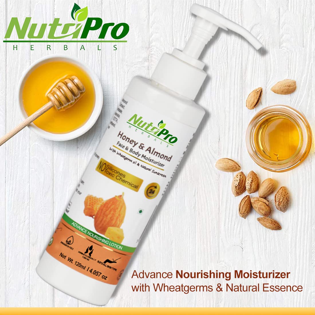 NutriPro Honey & Almond Face & Body Moisturizer with Wheat Germ Oil - Non-Sticky Hydrating Lotion for Women & Men | Paraben & Silicone Free | Deep Nourishing for Dry Skin | Perfect for Daily Use, After Shower & Night Care (120ml)