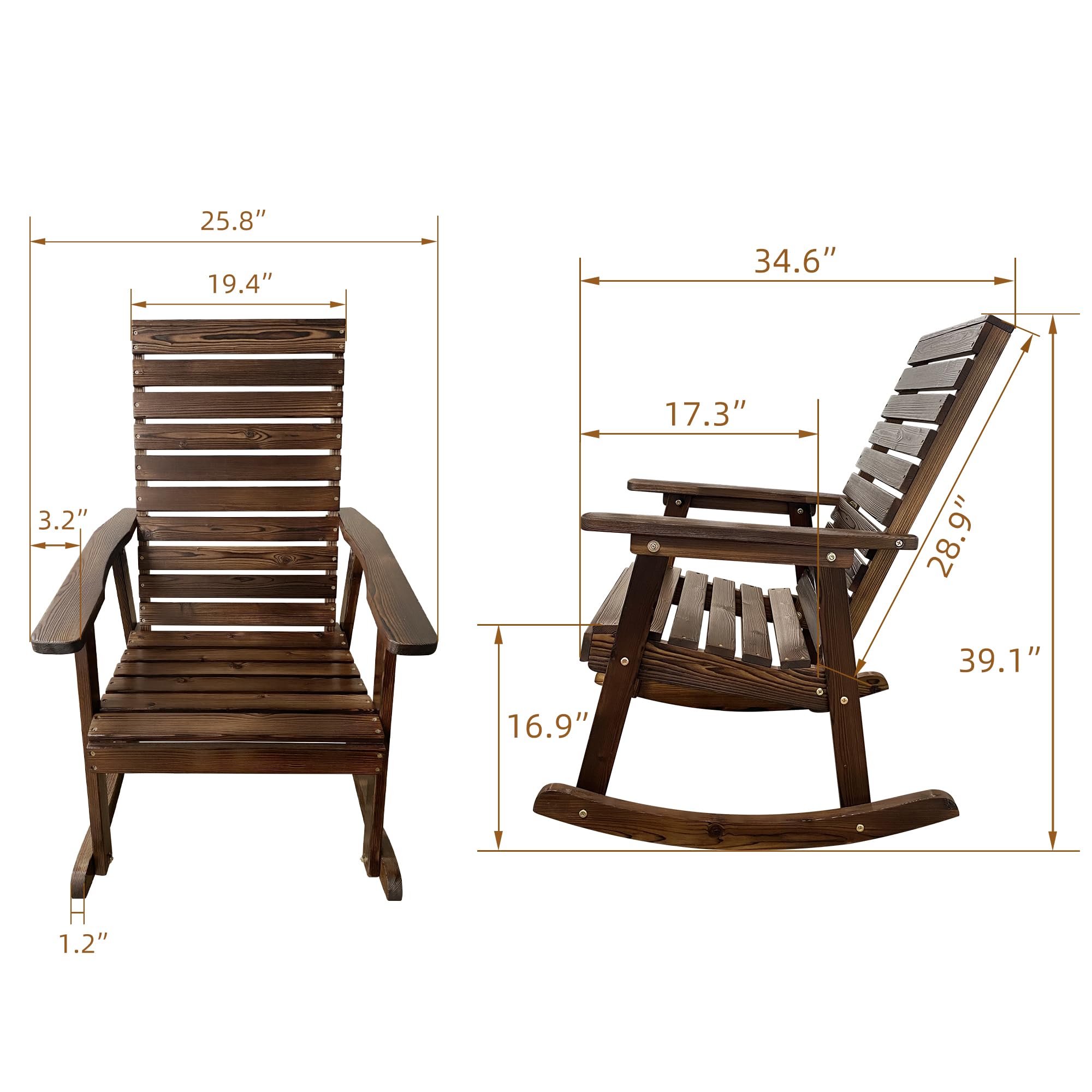 Premium Solid Fir Wood Rocking Chair with High Backrest & Contoured Seat - Heavy Duty 600 lbs Capacity - Dark Chocolate Finish - Perfect for Indoor Living Room, Outdoor Patio, Garden & Porch Relaxation