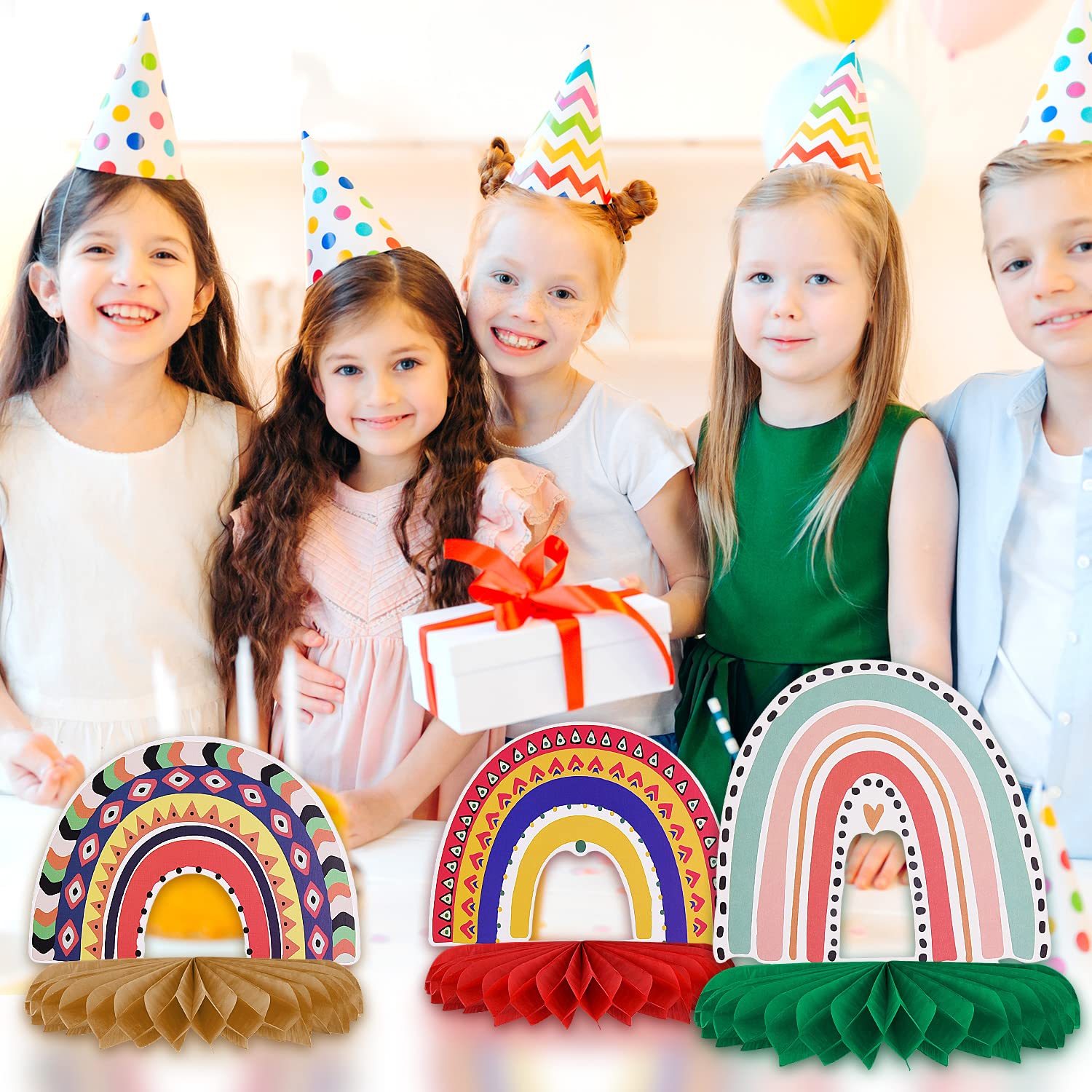 9Pcs Rainbow Honeycomb Party Decorations - Boho Baby Shower Centerpieces, Birthday Party Decor for Kids, Rainbow Cloud Table Decor - Perfect for Baby Showers, Birthday Parties & Rainbow Themed Events