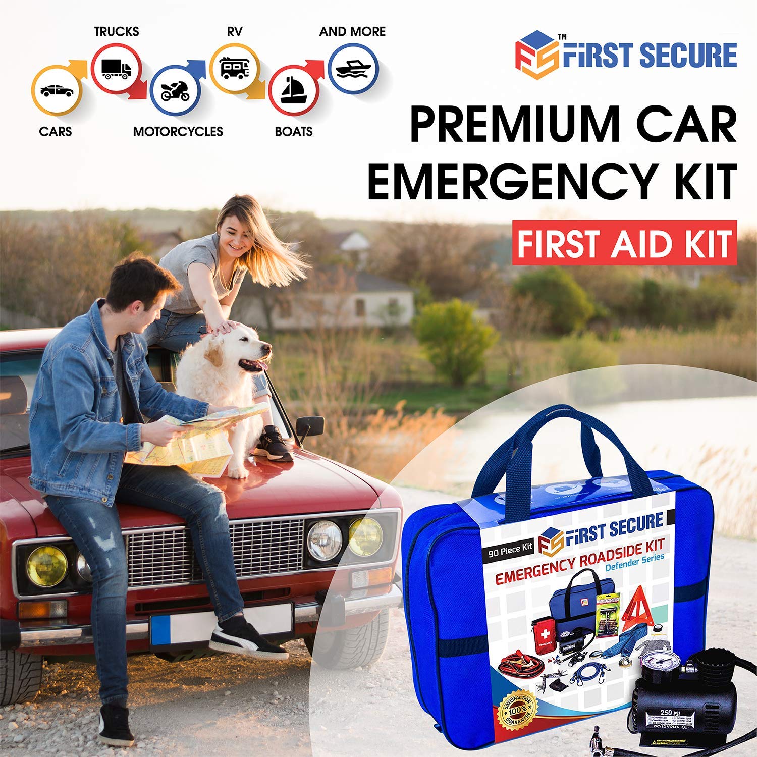 90-Piece Car Emergency Roadside Kit Tool Set with Safety Essentials for Women & Men - Essential Safety & Survival Assistance Kit for Travel, Camping, Road Trips, Trucks & SUVs | Perfect for Roadside Emergencies, Vehicle Breakdowns & Outdoor Adventures