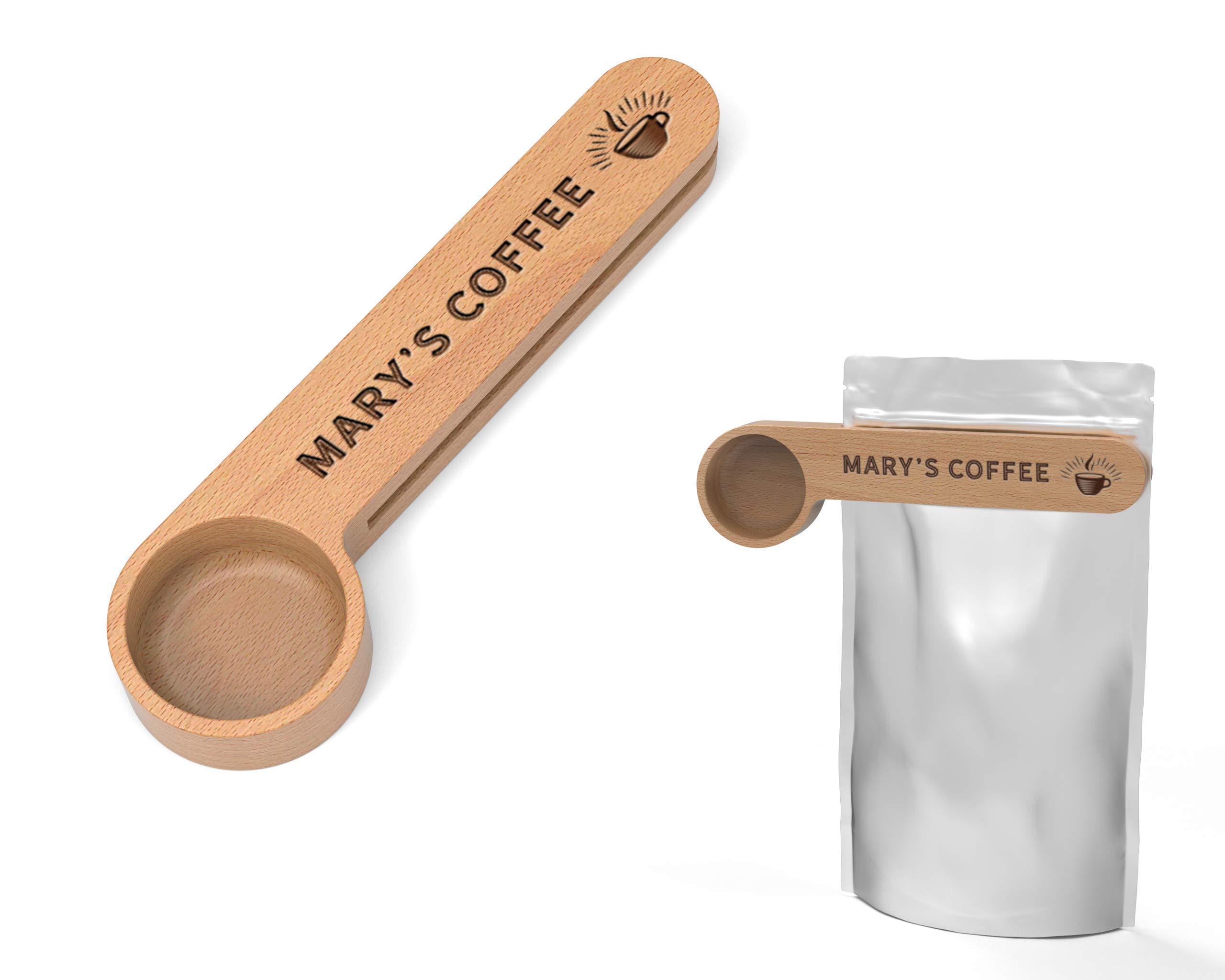 Custom Engraved Wooden Coffee Scoop - Personalized Coffee Spoon & Bag Clip - Unique Coffee Lover Gift for Kitchen & Home Barista Use