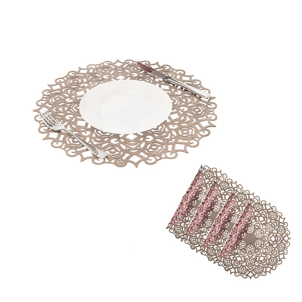 Mijal Gleiser Double Sided Laser Cut Placemats - Heat Resistant, Non Slip, Stain Proof Table Mats Set of 4 - Maya Collection Pewter-Rose - Perfect for Dining Table, Kitchen Decor, and Holiday Entertaining