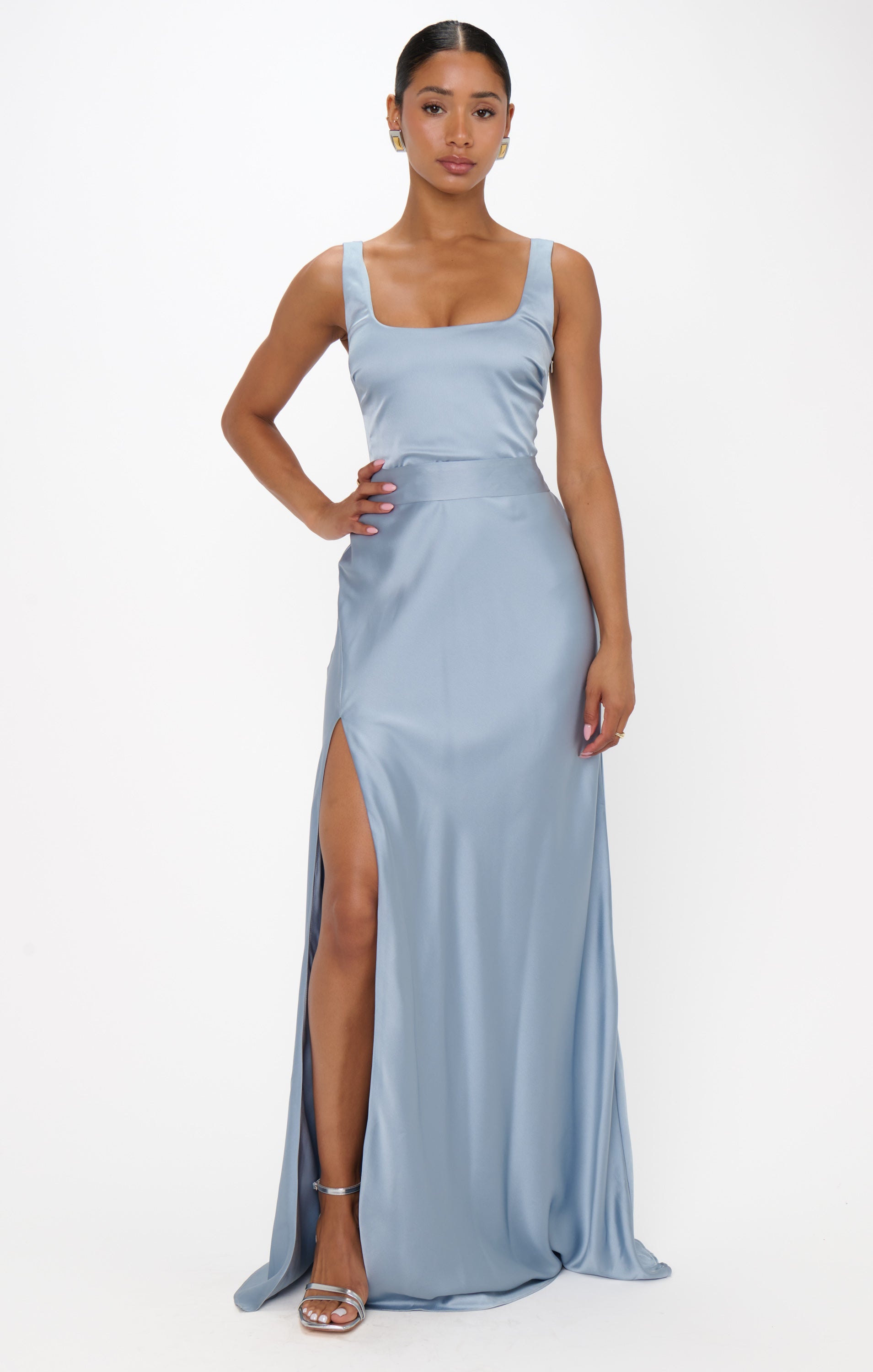 Lana Maxi Dress for Women - Elegant Steel Blue Luxe Satin Long Dress | Perfect for Evening Parties, Weddings & Special Occasions