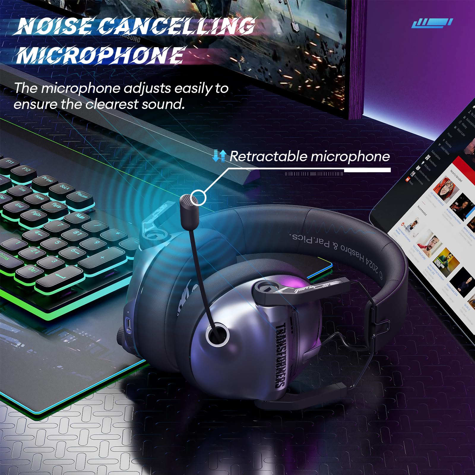 Transformers TF-G03 Wireless Gaming Headset with Retractable Mic - Bluetooth 5.4 Headphones with 40mm Drivers & Surround Sound, 100H Playtime for PC, PS4, PS5, Xbox, Switch (Grey) - Perfect for Competitive Gaming & Immersive Entertainment