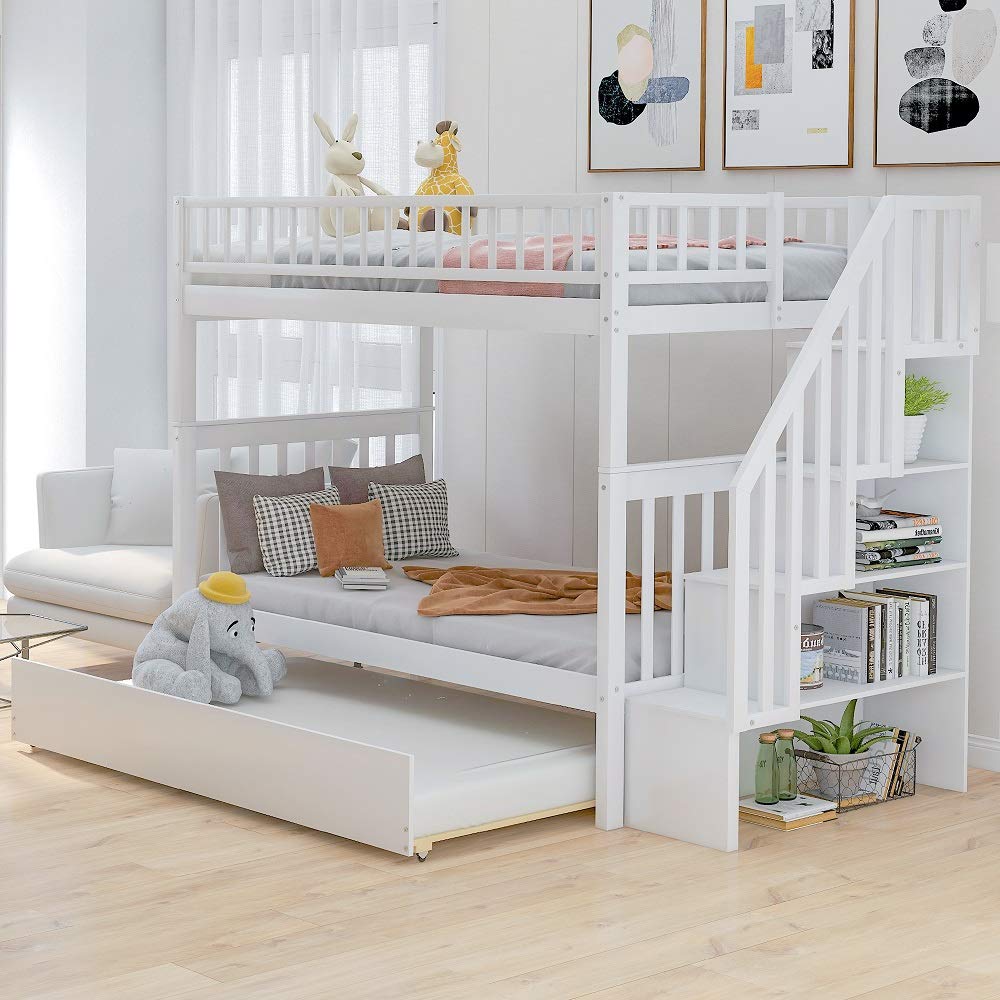 LF Twin Over Twin Bunk Bed Frame for Kids & Teens - Convertible Wooden Full Size Bunk Beds with Trundle, Stairway & Storage - Separates into 3 Individual Beds (White) - Perfect for Kids' Bedrooms, Guest Rooms & Space-Saving Solutions