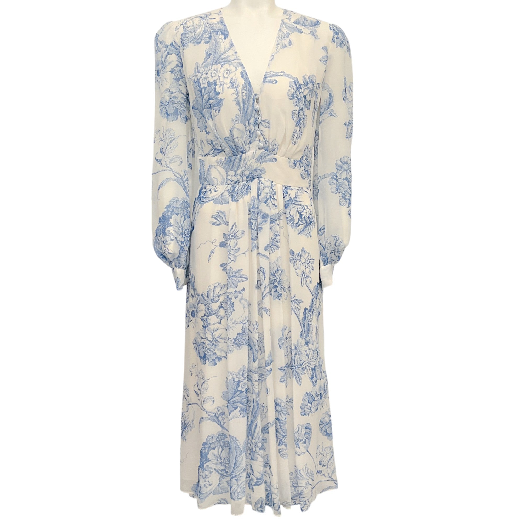 Oscar de la Renta Floral Chiffon Dress - Elegant White & Blue Summer Dress for Women | Perfect for Weddings, Parties & Special Occasions