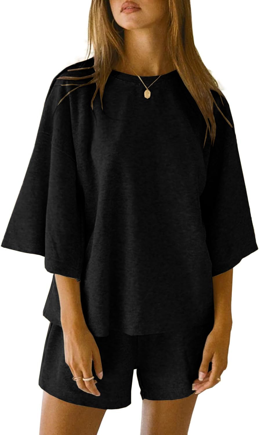 JAWINT Women's 2 Piece Outfit Set - Casual 3/4 Sleeve Top & Elastic Waist Shorts - Oversized Shirt Lounge Pajama Set for Home, Sleepwear & Relaxation
