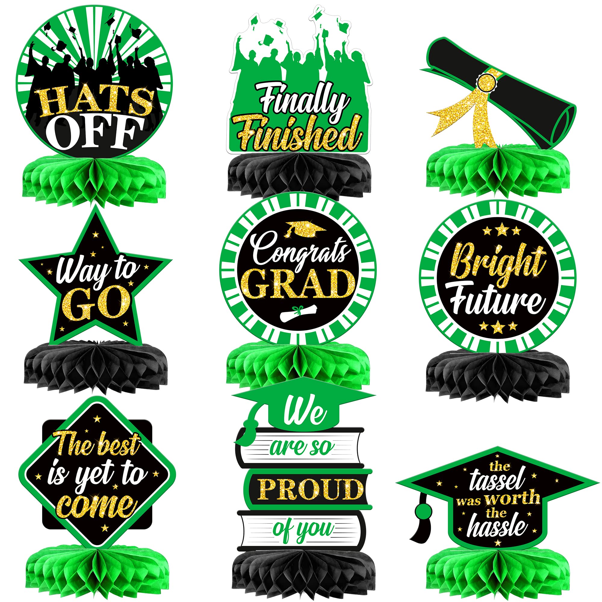 KatchOn Graduation Honeycomb Centerpieces - Pack of 9, Green & White Table Decor for 2025 Graduation Parties, Commencement Ceremonies & School Celebrations