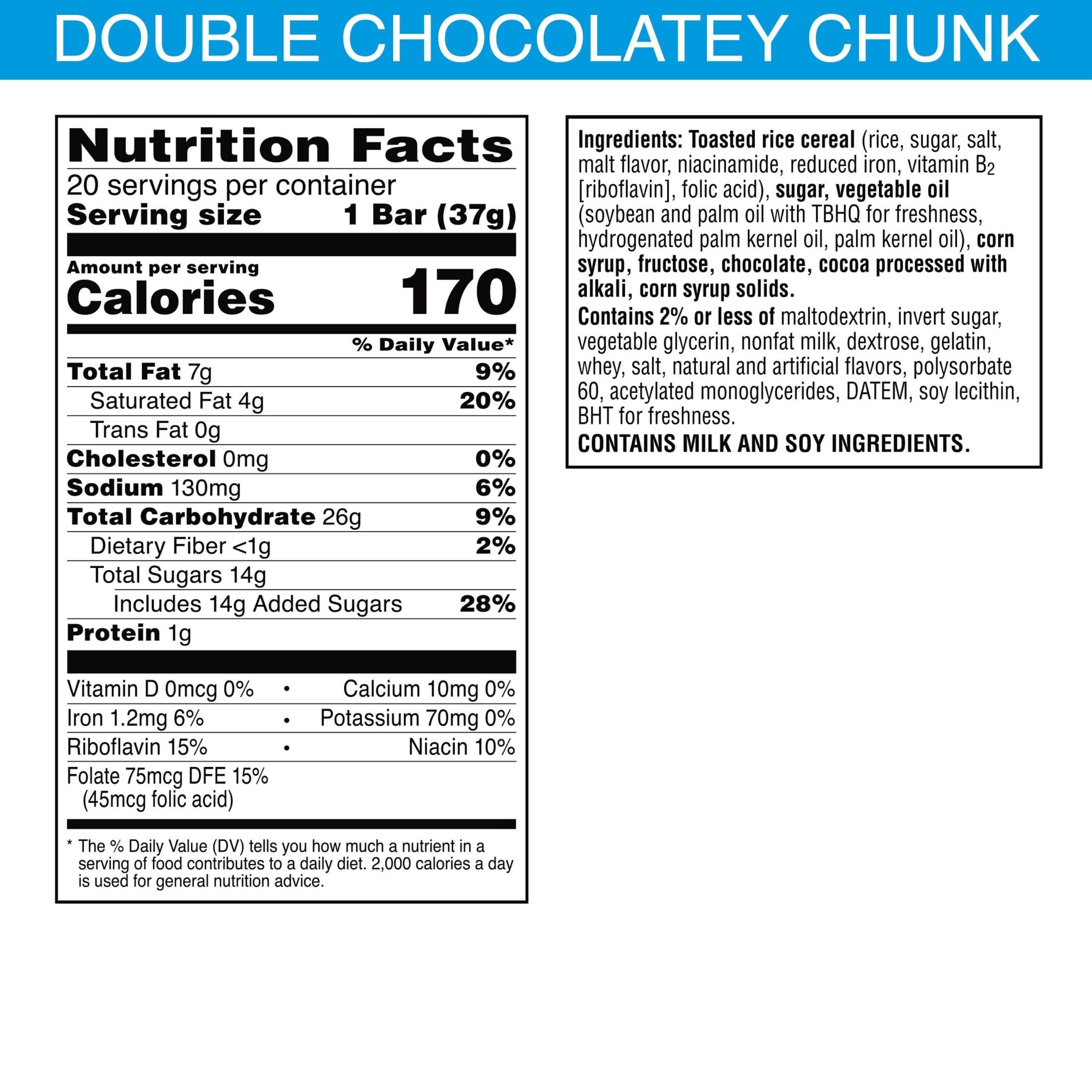 Double Chocolate Chunk Rice Krispies Treats Marshmallow Snack Bars - 26oz Box (20 Bars) | Kids Snacks, School Lunch, After School Treats, Birthday Party Favors & Office Snacks