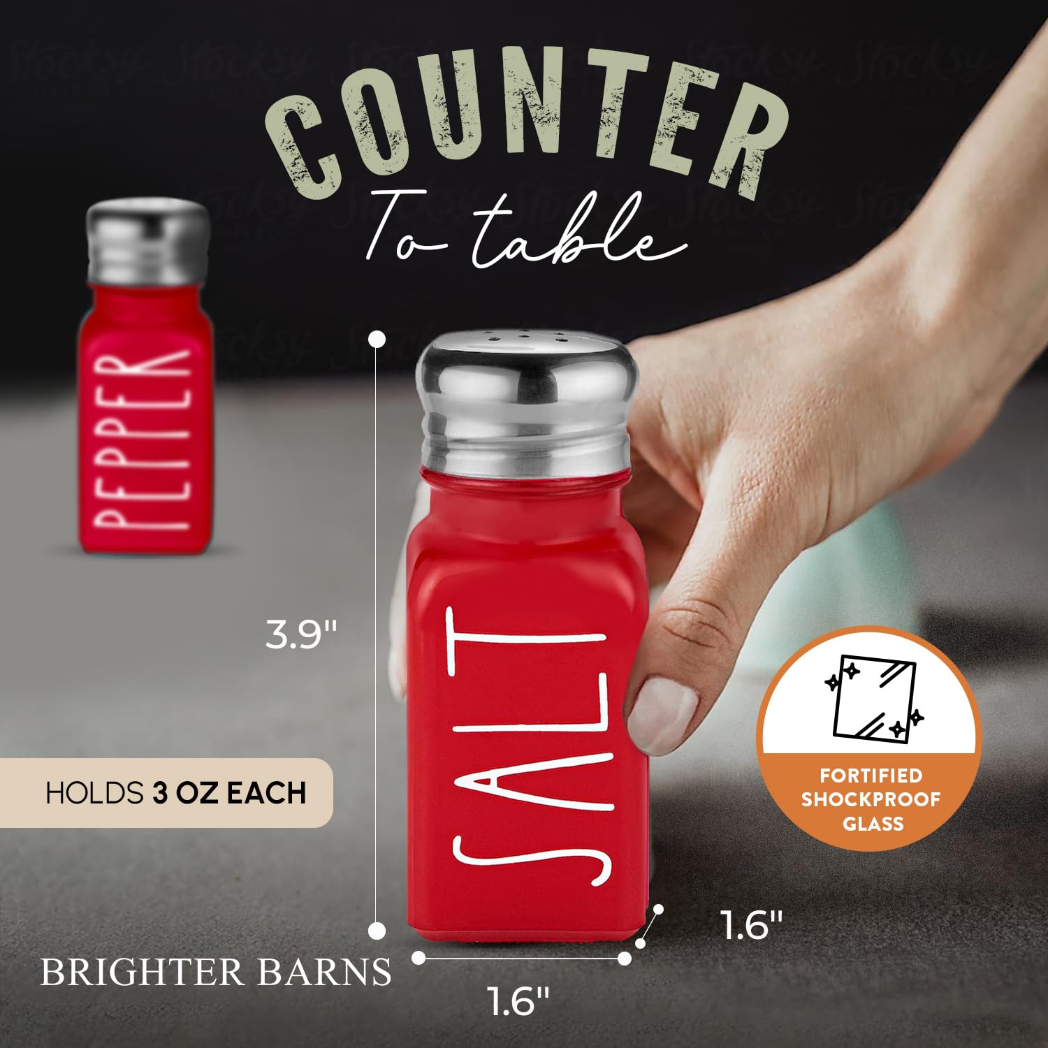 Brighter Barns Red Salt and Pepper Shakers Set - Farmhouse Style Glass Shakers with Stainless Steel Lids - Perfect for Kitchen, Dining Table & Gift Giving
