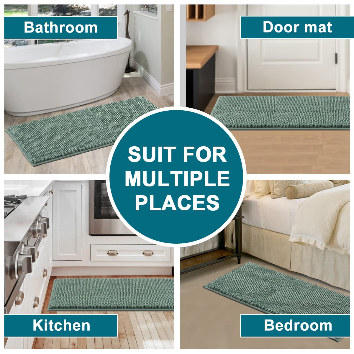 Non-Slip Turquoise Chenille Bath Rug Runner - Super Soft Water Absorbent Shaggy Bath Mat for Bathroom Floor (47