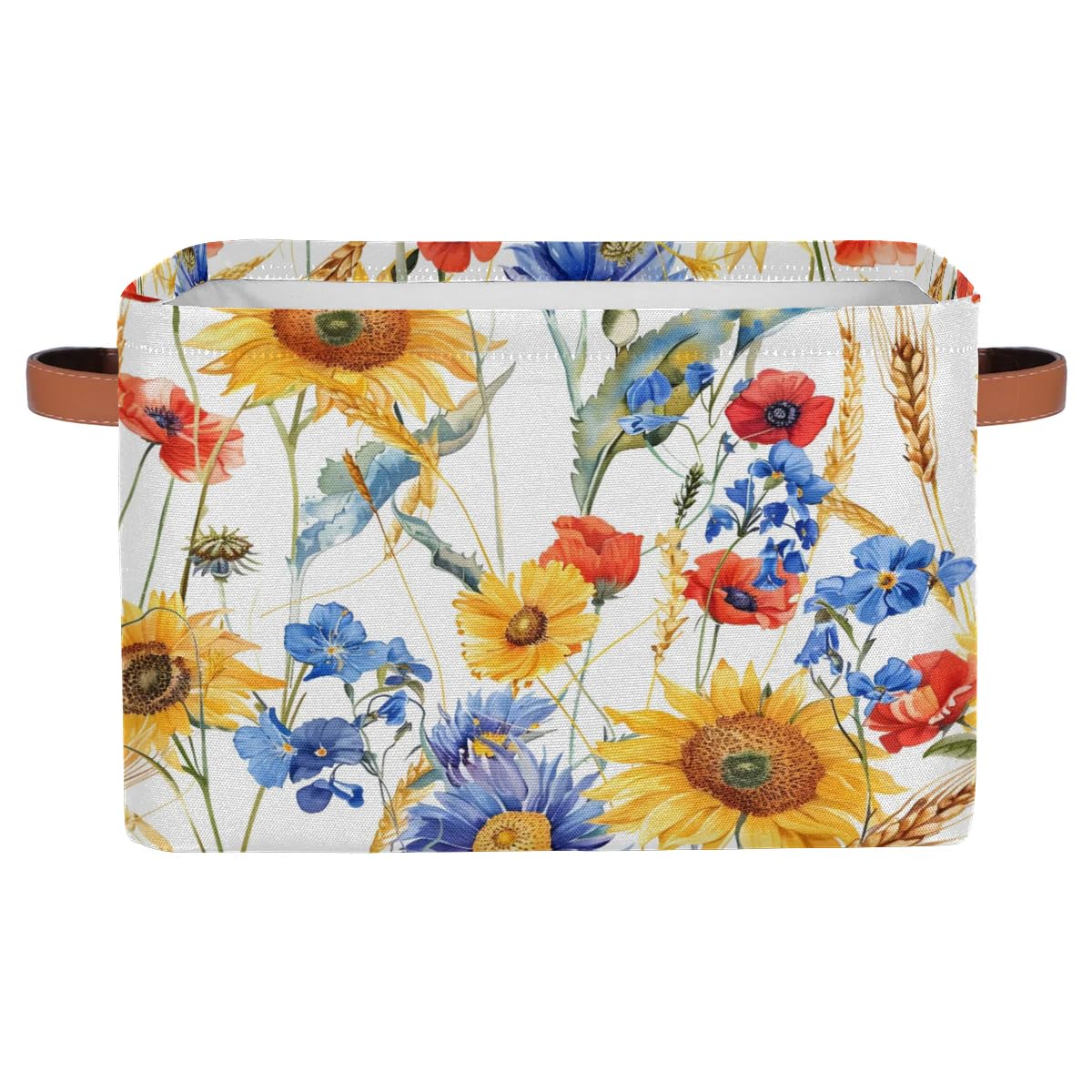 Large Decorative Storage Baskets with Handles - 2 Pack Collapsible Fabric Bins for Shelves & Closet Organizing | Perfect for Clothes, Toys & Home Organization | Spring Sunflower Poppy Wheat Design