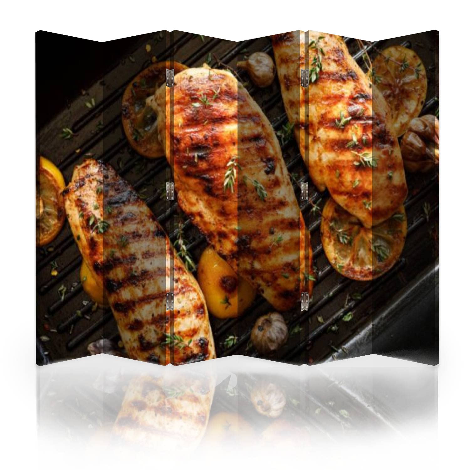 6-Panel Canvas Room Divider Screen - Foldable Privacy Partition Wall for Home & Office - Natural Grilled Chicken Breasts with Thyme, Garlic & Lemon Slices Cooking Inspiration - Perfect for Living Rooms, Bedrooms, and Open Space Divisions