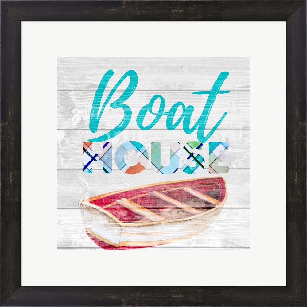 Boat House by Janice Gaynor - Framed Art Print Wall Picture with Espresso Brown Frame - 19 x 19 Inches - Perfect for Living Room, Bedroom, Office & Home Decor