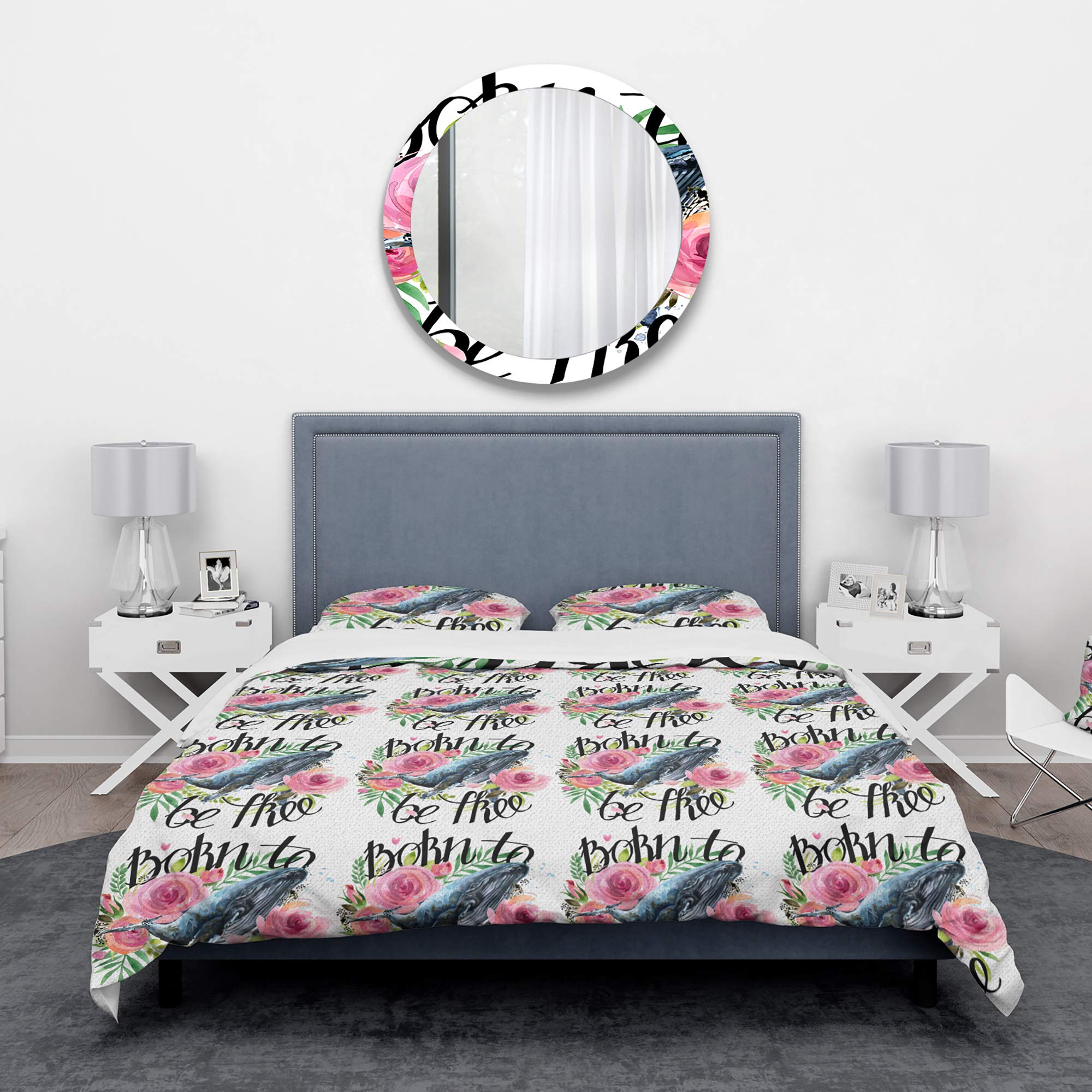 DesignQ Whale and Roses Traditional Duvet Cover Set - Queen Size White Floral Bedding (3-Piece) | All-Season Comfort for Master Bedroom & Guest Room Decor
